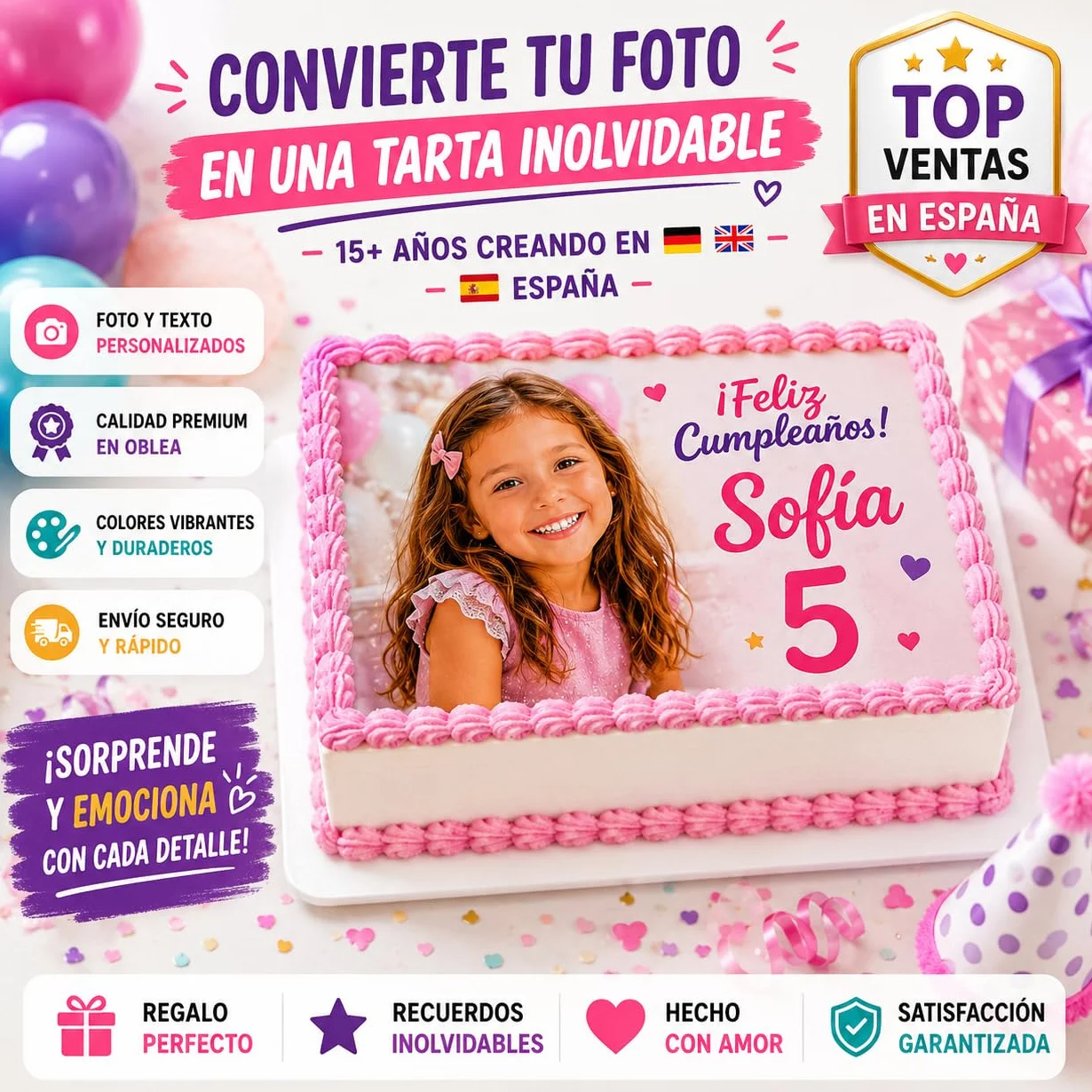 Imagen Comestible Personalizable para Tartas de Cumpleaños - Añade Foto, Nombre y Texto - Varios Tamaños Rectangular
