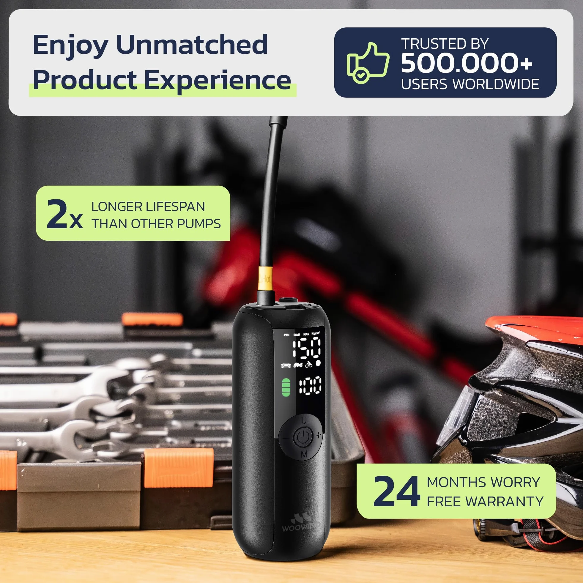 Woowind Compresor Aire Portatil 150PSI/10,3Bar, Bomba Bicicleta, Inflador Ruedas Coche, Hinchador Ruedas Coche, Apagado Automático + Woowind Tire Sealant Pro Sellador de Neumático Paquete