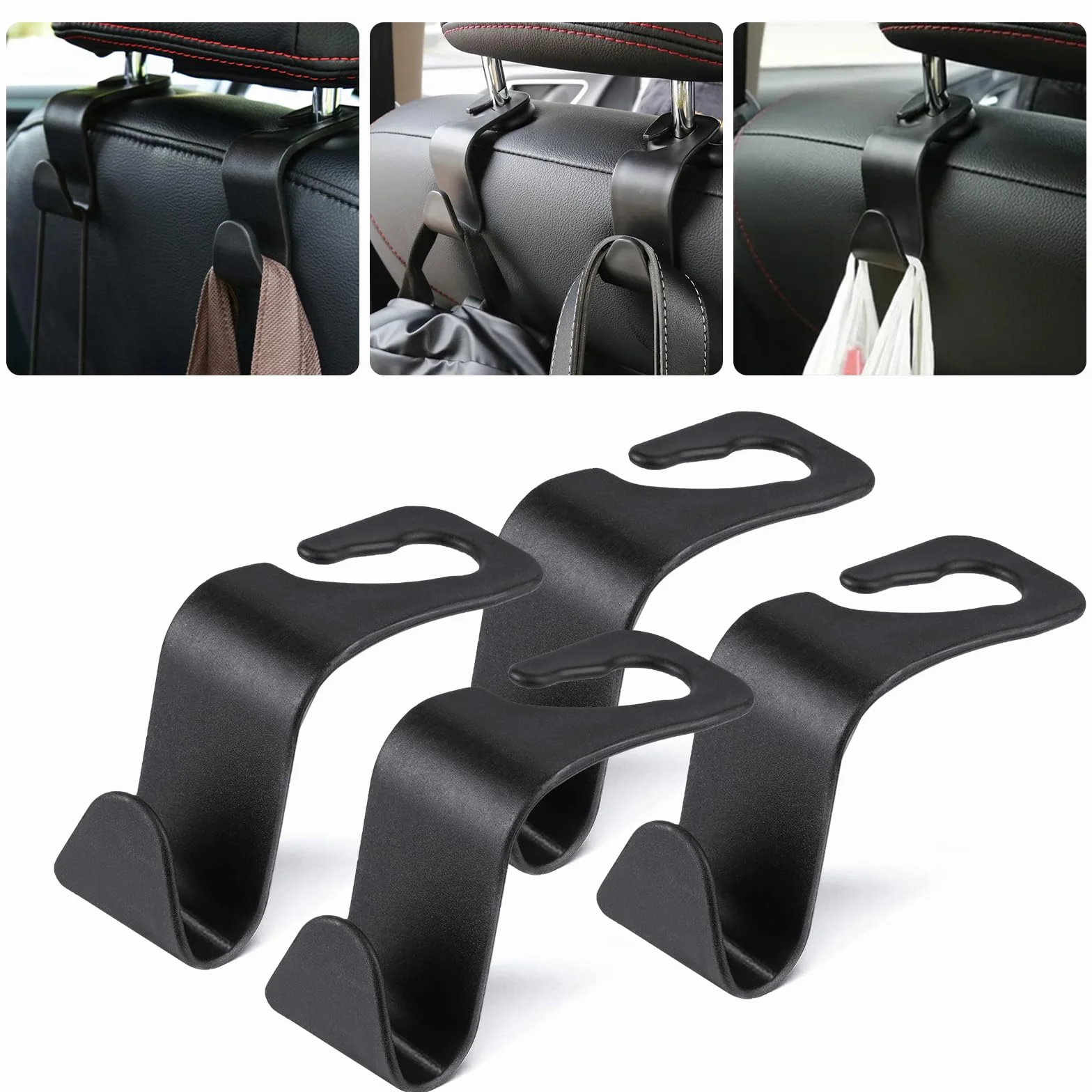 URAQT Ganchos para Asiento de Coche, 4PCS Gancho de Asiento Trasero de Coche, Ganchos para Reposacabezas de Coche, Negro Multifuncionales Accesorios Coche, para Bolsas, Monedero, Botellas de Agua
