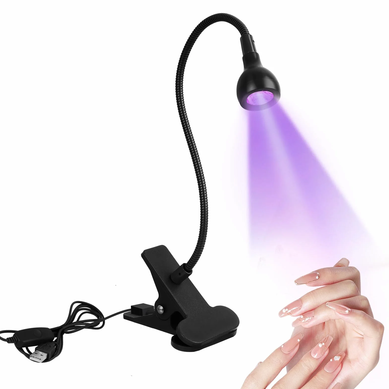 Lámpara de Uñas UV 5W LED Mini para Uñas de Gel Curado Rápido USB Ultravioleta con Clip Negro