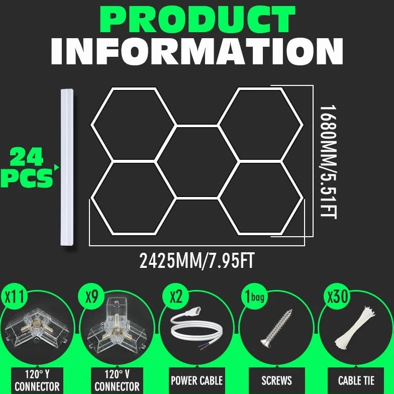 Hexagon Garage Lights, 3 Niveles de Ajuste de Brillo Led de 25 Paquetes, 216W, 25920LM, Luzes de Techo para Garaje, Centro Comercial, taller y Detallado de Coches