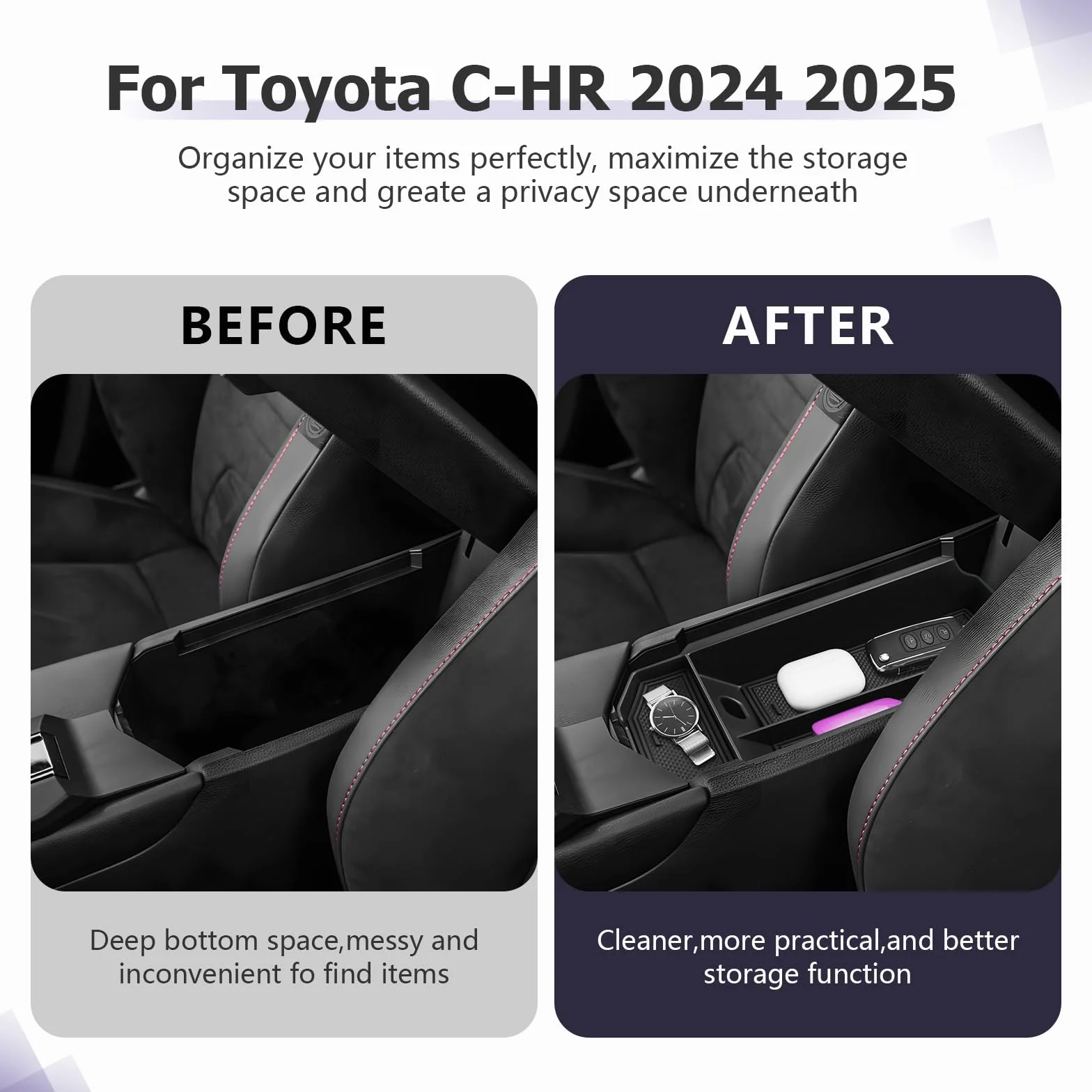 LUWU Compatible con Toyota C-HR CHR Hybrid 2024 2025 consola central caja de almacenamiento guantera organizador bandeja con alfombrilla antideslizante CHR 2025 accesorios