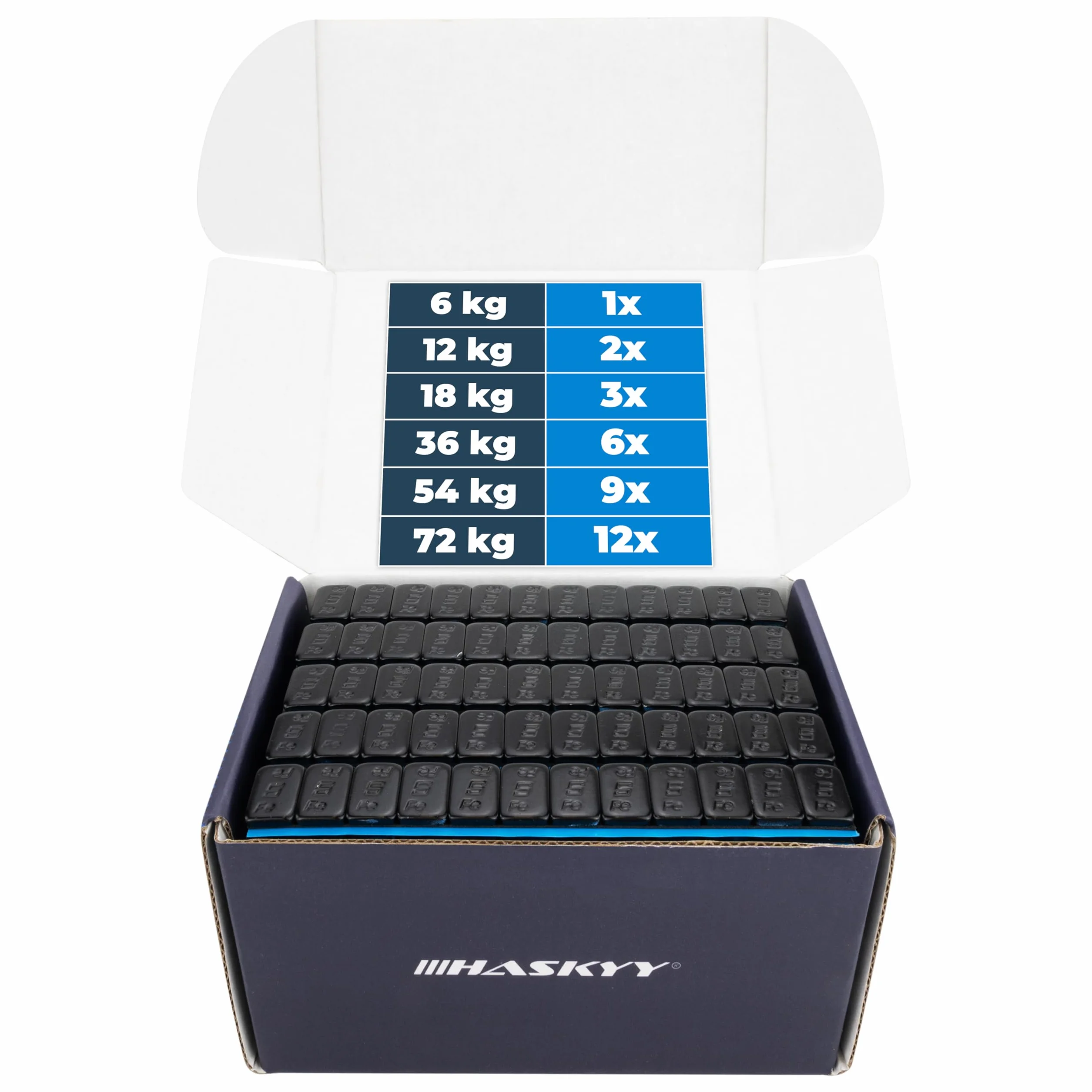 HASKYY Pesos adhesivos de 18 kg, color negro, 3600 x 5 g cada una, peso de equilibrio para llantas de aleación, con revestimiento de plástico, peso adhesivo FE