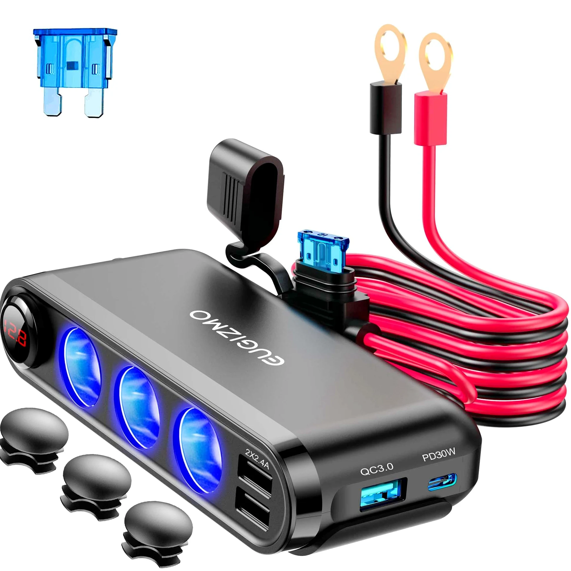 EUGIZMO Enchufe para encendedor de cigarrillos de coche de 12 V, 200 W, 3 enchufes, divisor de enchufe de encendedor de cigarrillos USB, adaptador de cargador USB de 12 V, toma de corriente auxiliar