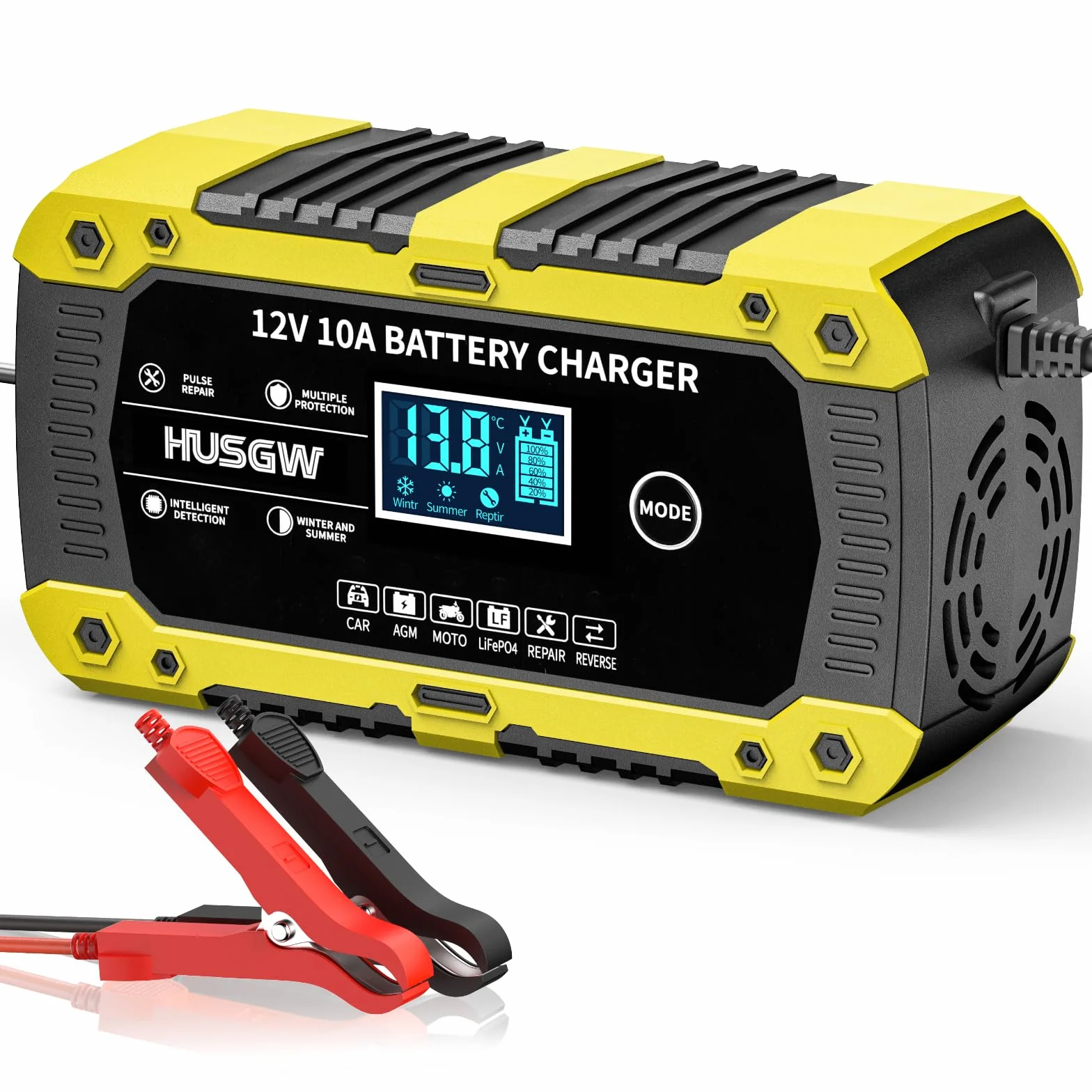 12V10A Cargador Baterias Coche, Cargador de Baterias Coche y Moto Inteligente y Funciones, Adecuado para Baterías Automotrices LiFePO4,para Coche/Moto/Clippers/AGM/Gel/Wet/SLA (10A) (10 Amarillo)