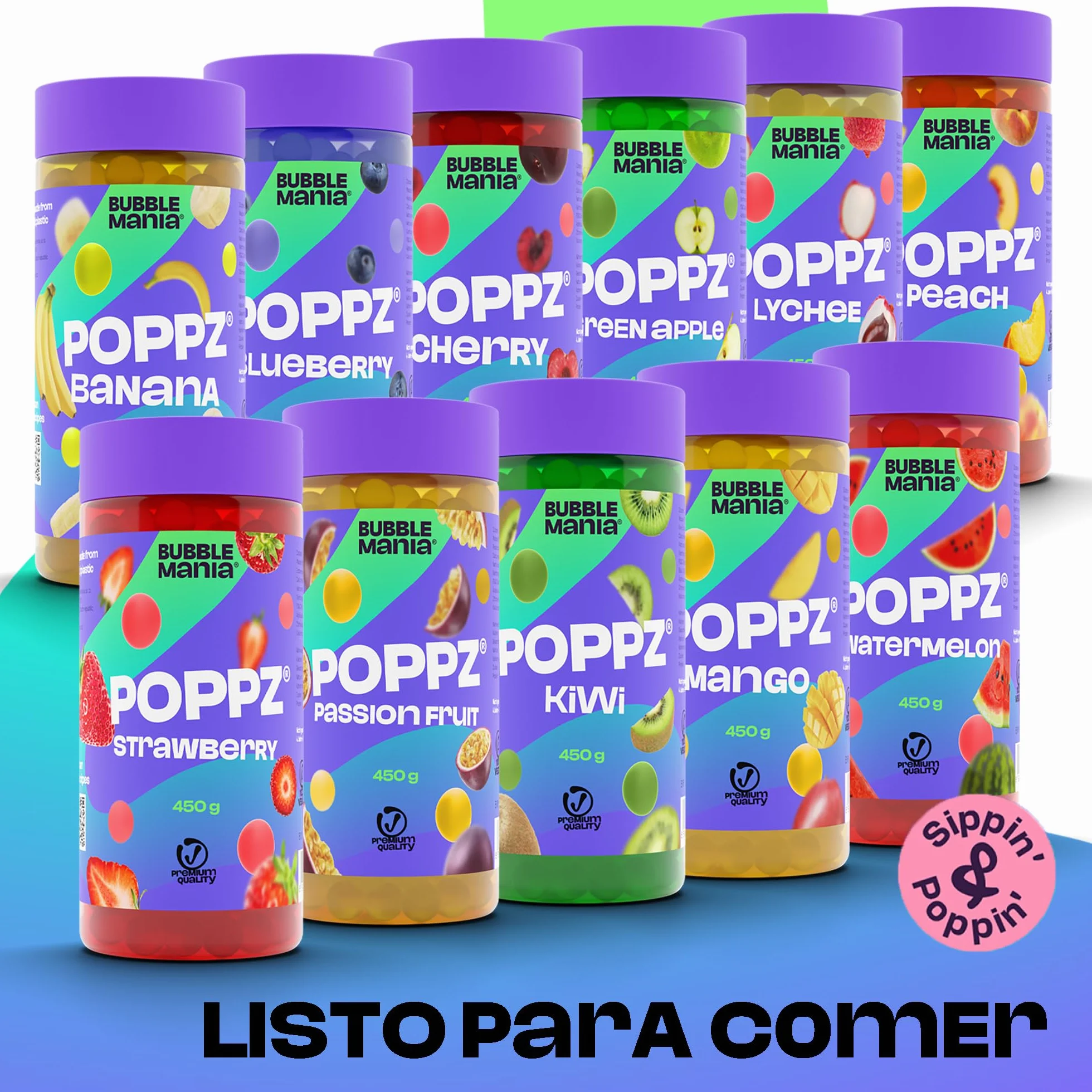 BubbleMania Set de Bubble Tea Boba Popping Perlas de Tapioca 4 Paquete Maracuyá Lichi Kiwi Sandía