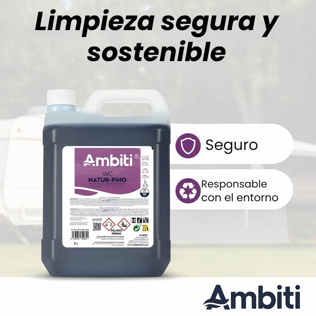 Ambiti | Natur Pino 5L | Aditivo para Depósito de Residuos Aguas Negras | Inodoros Portátiles de Autocaravanas, Caravanas y Barcos | Elimina Olores,residuos y Desinfecta | Fragancia a Pino