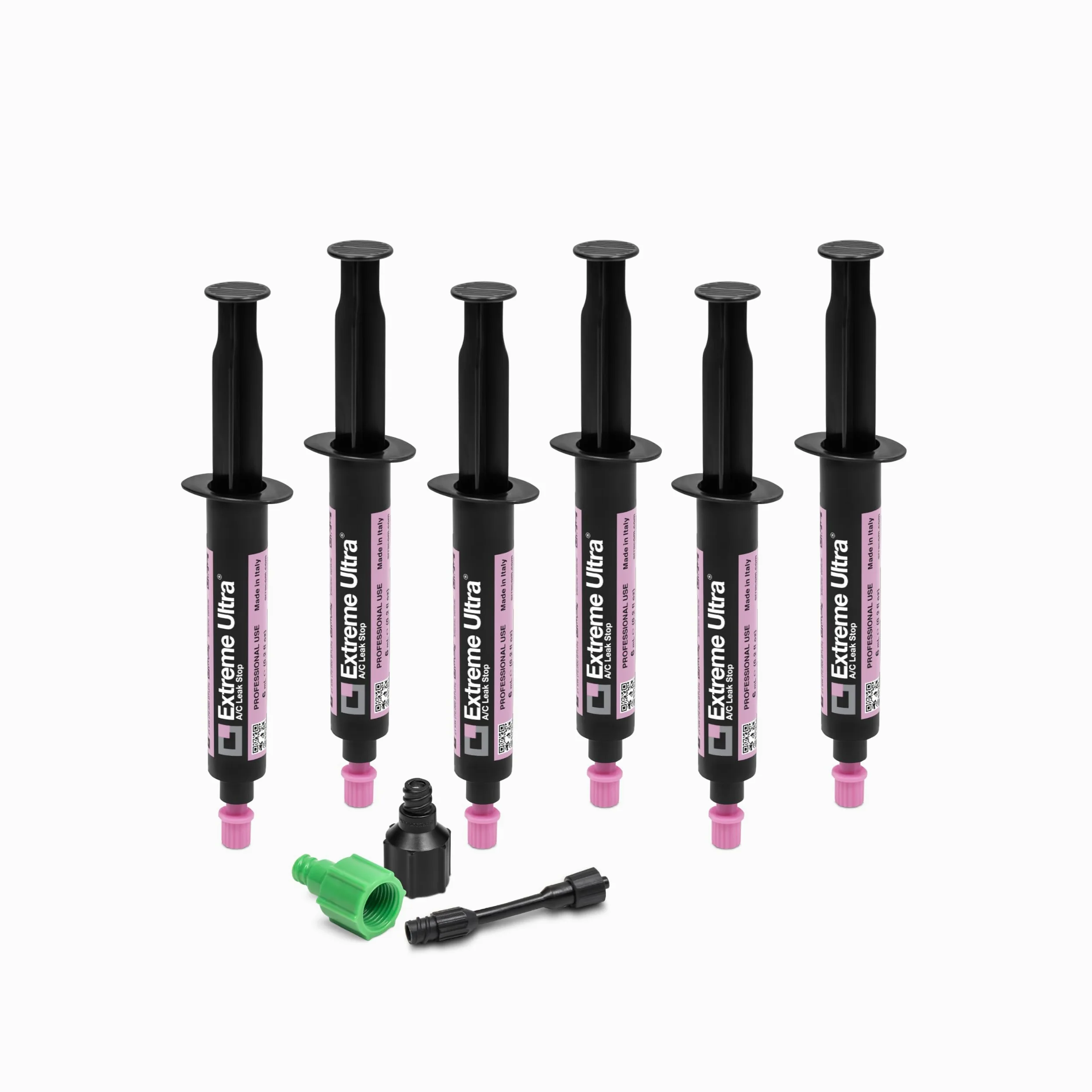 Errecom Extreme Ultra - 6 x 6 ml, Sellador de Fugas para Sistemas de Aire Acondicionado y Refrigeración, incluye les adaptadores 1/4 SAE y 5/16 SAE (R410a, R32)