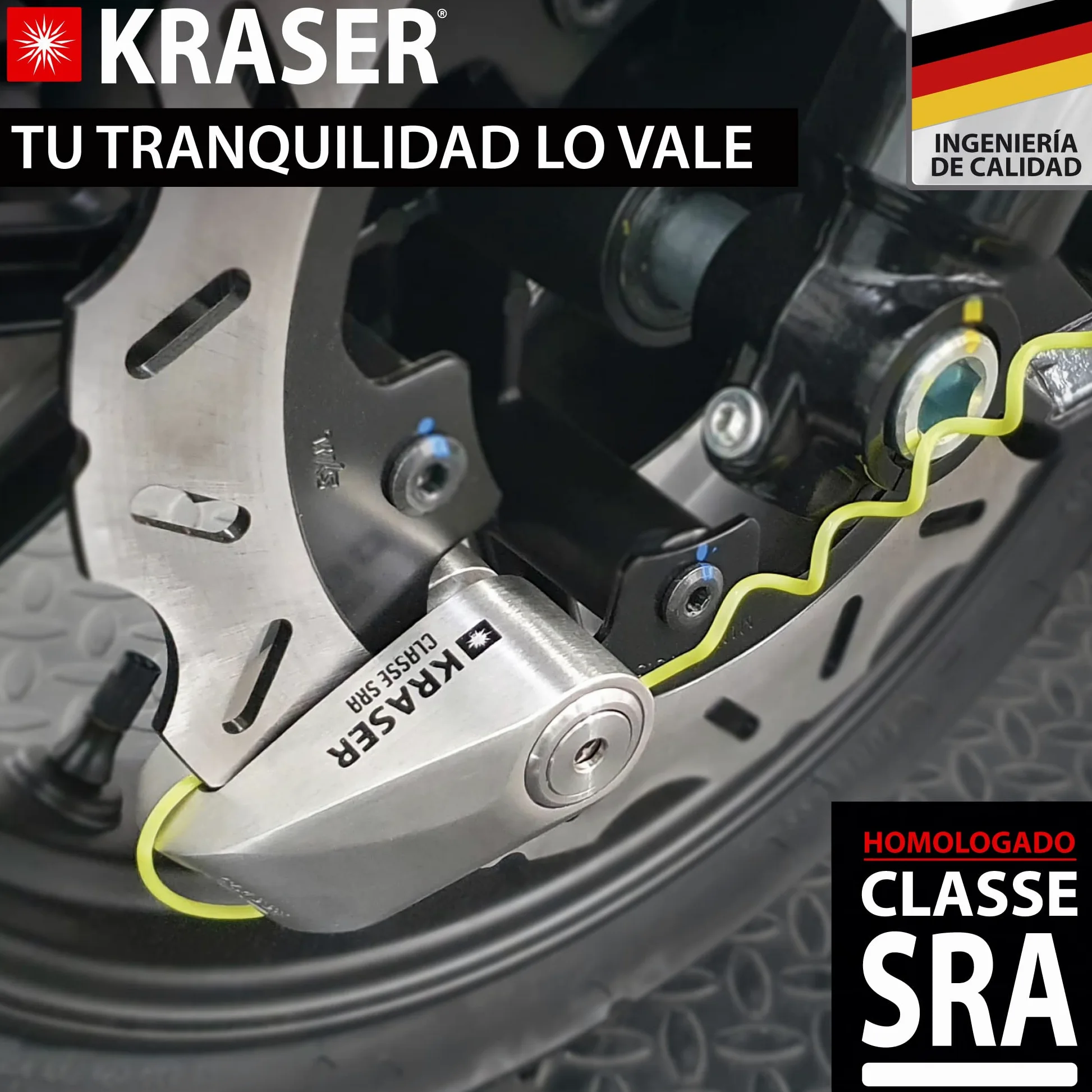 KRASER KR114S Candado Moto Disco Homologado SRA, Doble Bloqueo ø14mm +Ligero, Cerradura Acero Inoxidable Alta Seguridad, Cable Recordatorio, Antirrobo Motocicleta Pinza Scooter, Bicicleta Eléctrica
