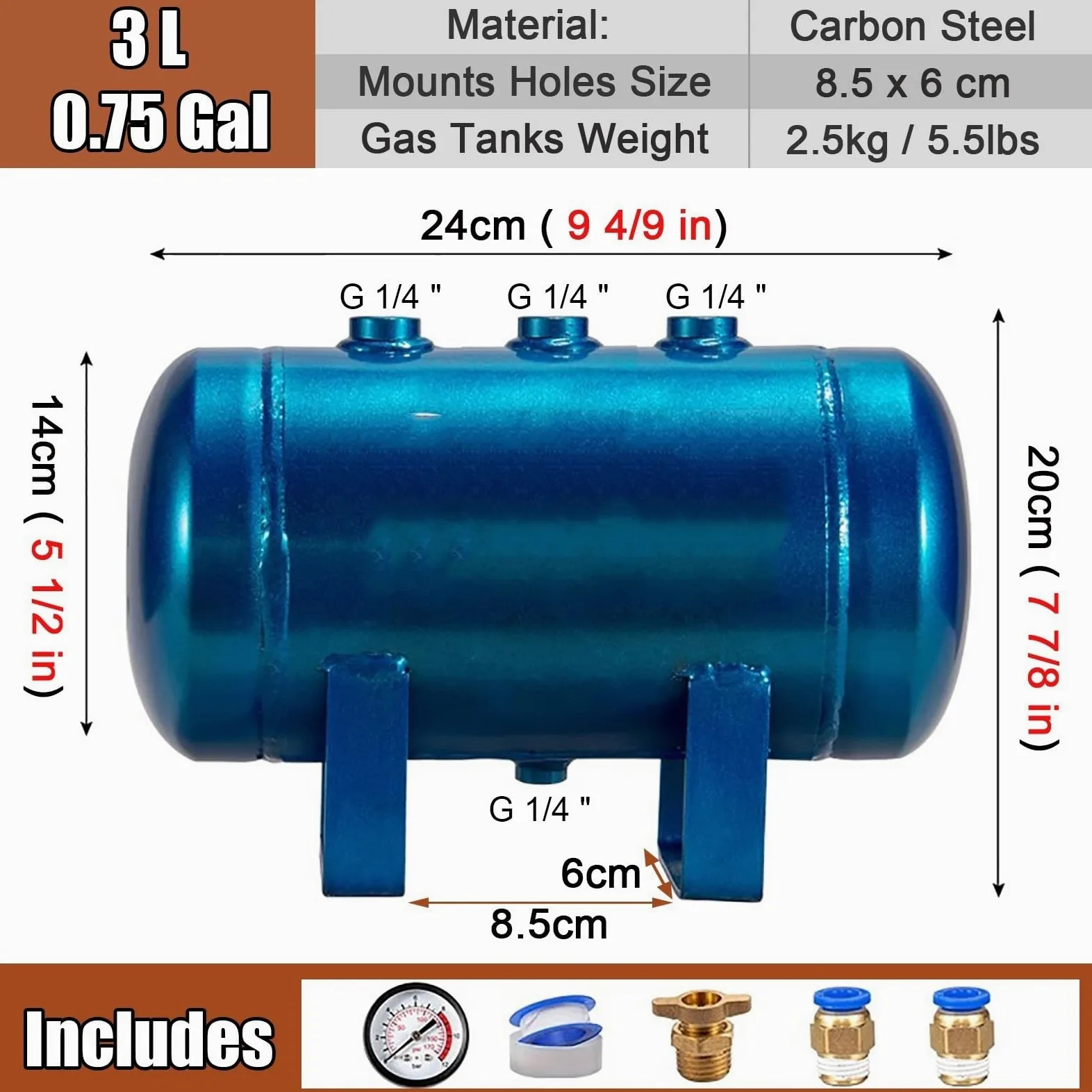 Tanque De Almacenamiento De Aire Comprimido, Tanque De Gas De Reserva Horizontal para Fábricas, Contenedores De Gas Portátiles De Alta Presión(0.78 Gallon (3 L))