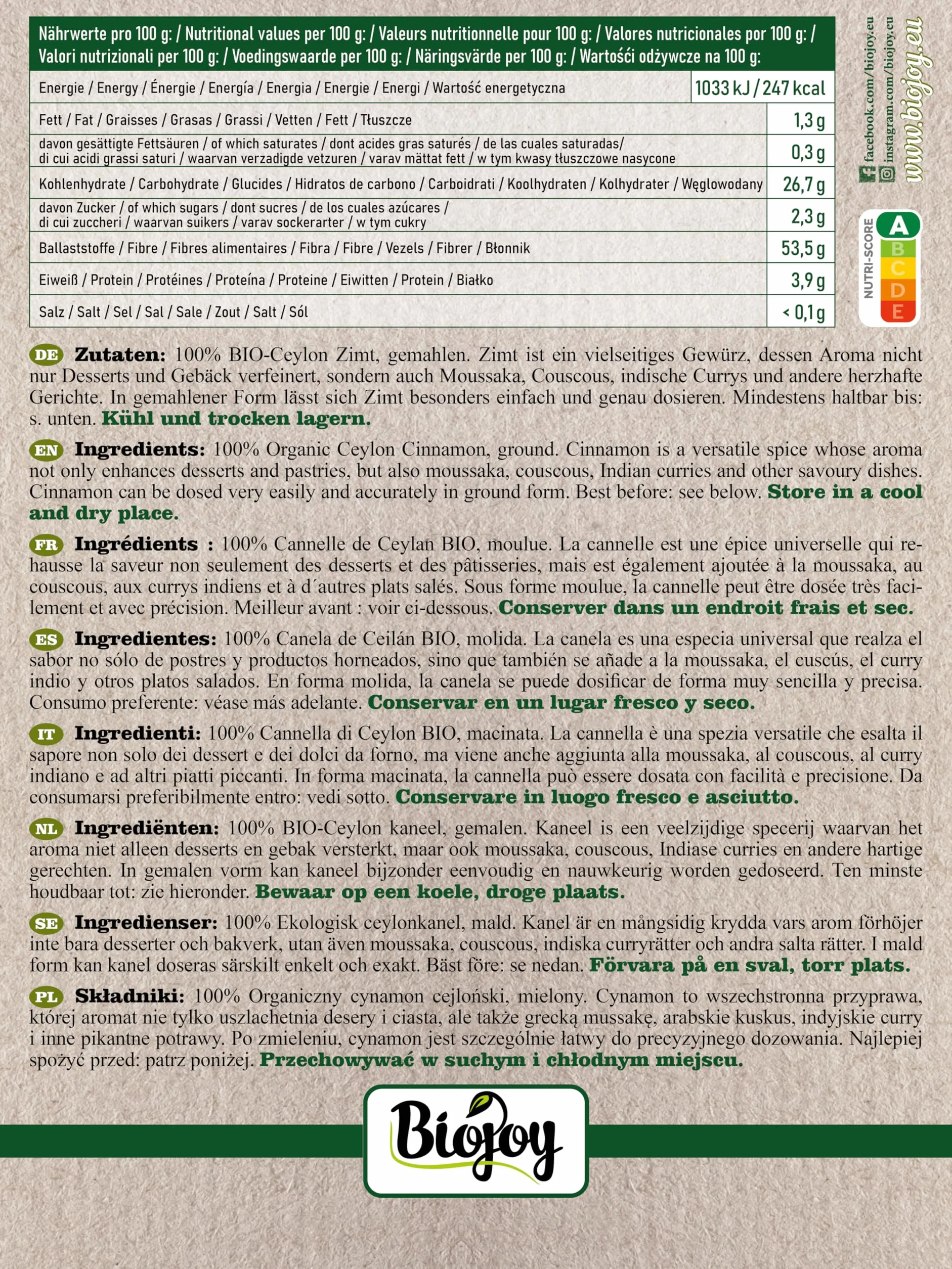 Biojoy Canela de Ceylan en Polvo Ecológica 250 g, Ceilán Canela molida Cinnamomum verum