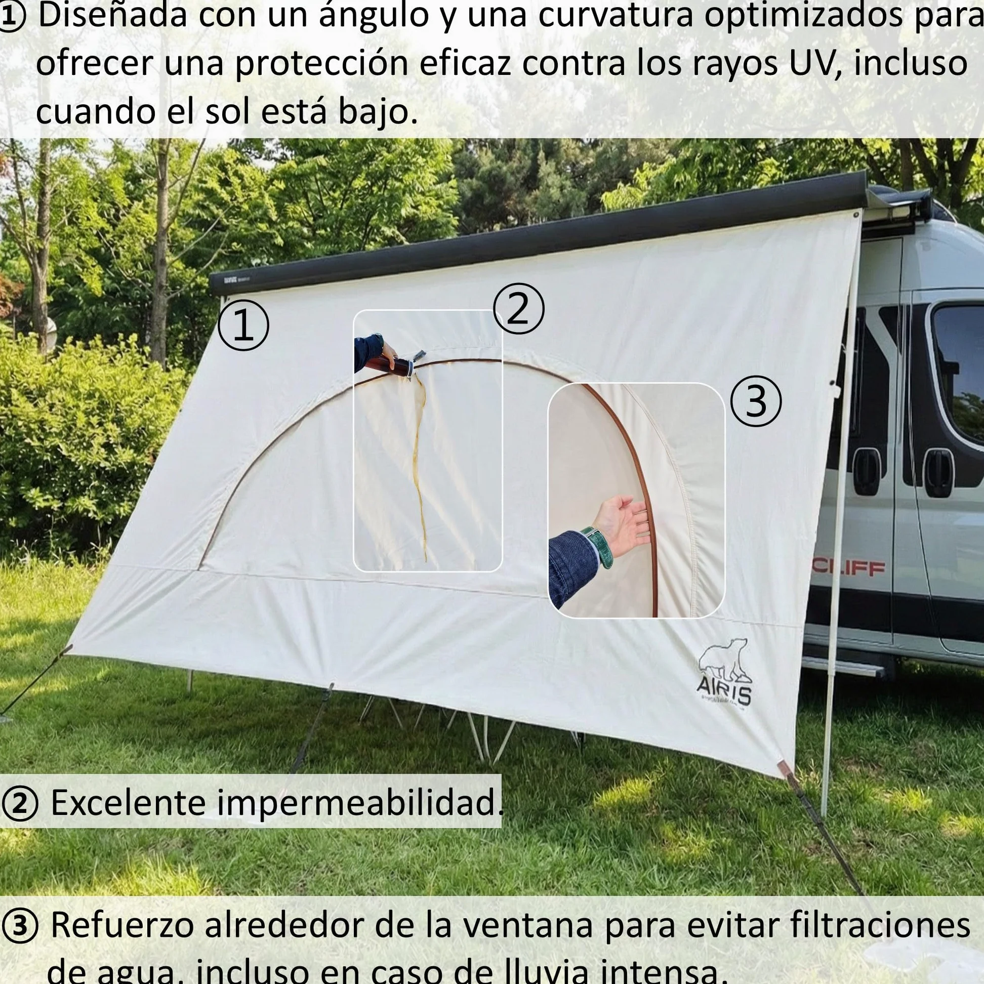 AIRIS - Parasol para autocaravana - Protección eficaz de algodón repelente al agua, fácil de montar, compatible con toldos Thule, Fiamma y Dometic (253 x 185)