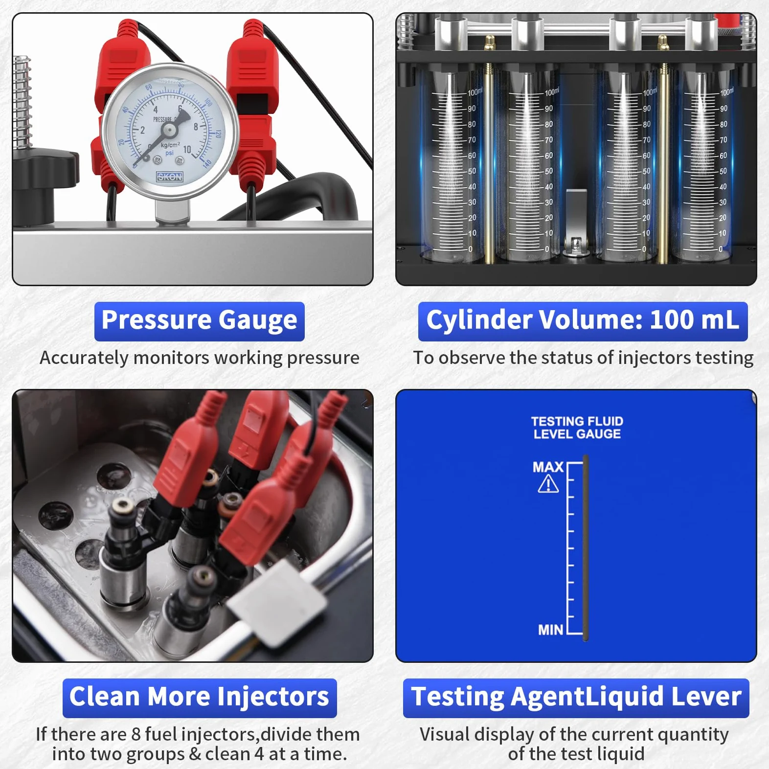 4 Cilindros GDI Probador Máquina de Limpieza con Limpieza Ultrasónica, Ultrasonidos Calefactores Limpiadores y Probador de Inyectores de Combustible con 10 Funciones, Adecuado para Inyectores EFI/FSI