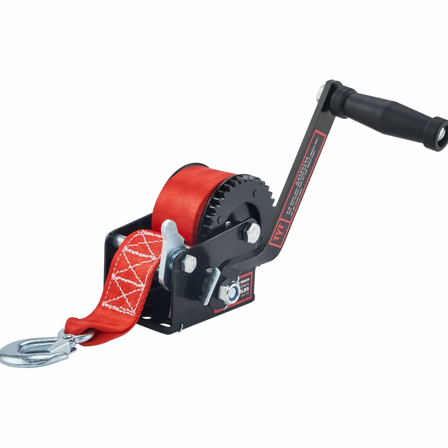 TYT Cabrestante de remolque de barco de 600 libras con correa de nailon rojo, mango antideslizante, cabrestante de mano de engranaje de manivela portátil de dos vías hacia adelante y hacia atrás,