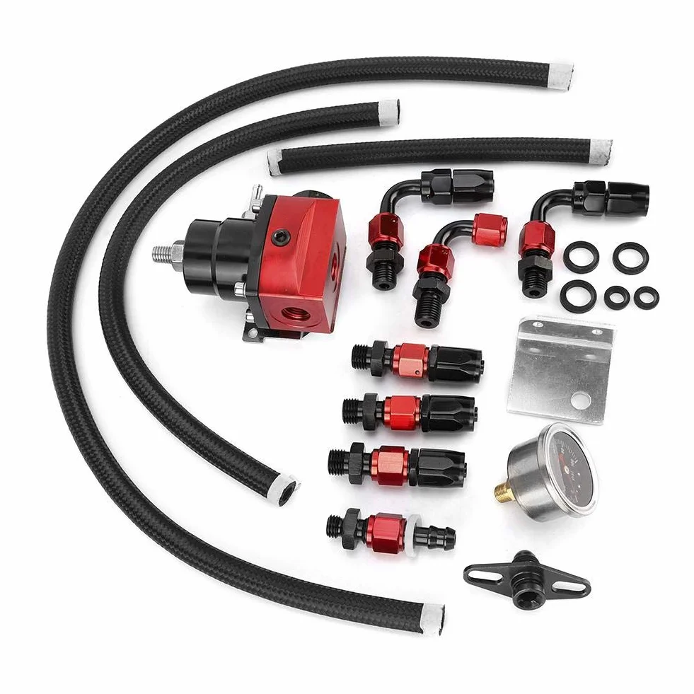 Regulador Presion Gasolina, Regulador de combustible Qiilu, kit regulador de presión de combustible de coche ajustable universal de acero inoxidable 304 con manómetro 100PSI(Negro + rojo)