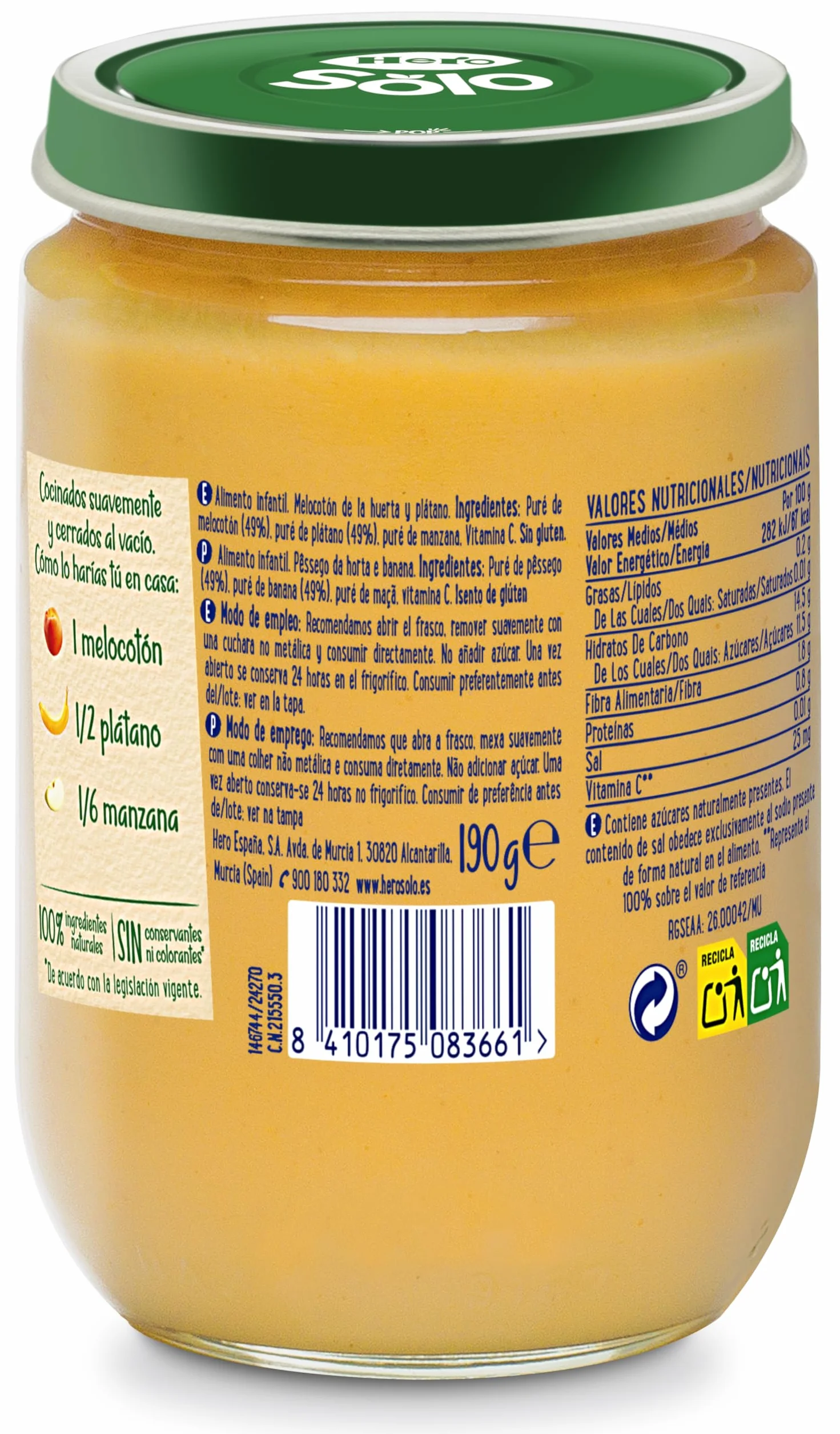 Hero Baby Tarritos de Melocotón y Plátano 190g para bebés desde 4 meses