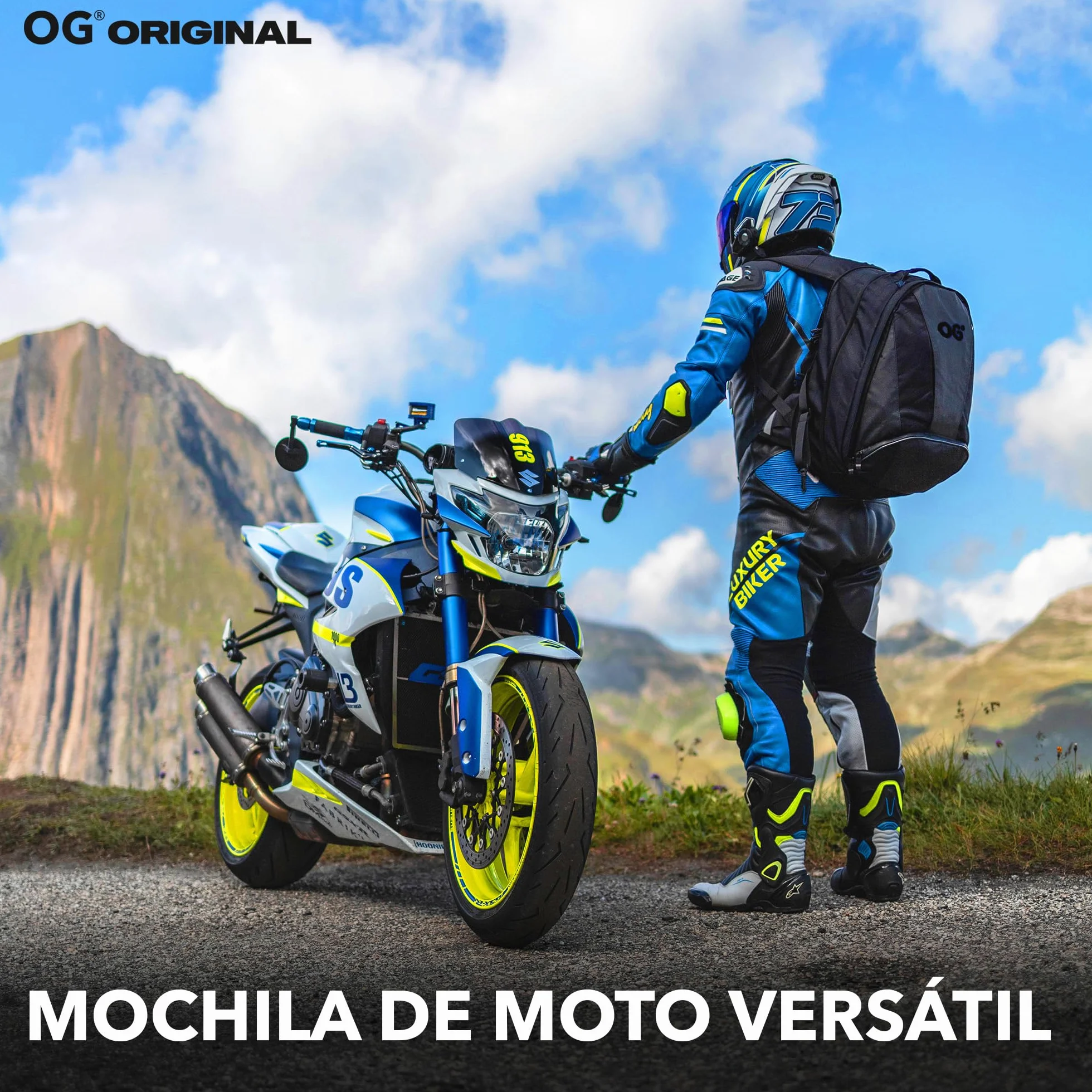 OG Original EZ-RiderPRO Mochila Moto Negra Expandible 28-35L, Bolsa Porta-Cascos Motorista, Correa Casco, Impermeable, Portátil, Reflectante