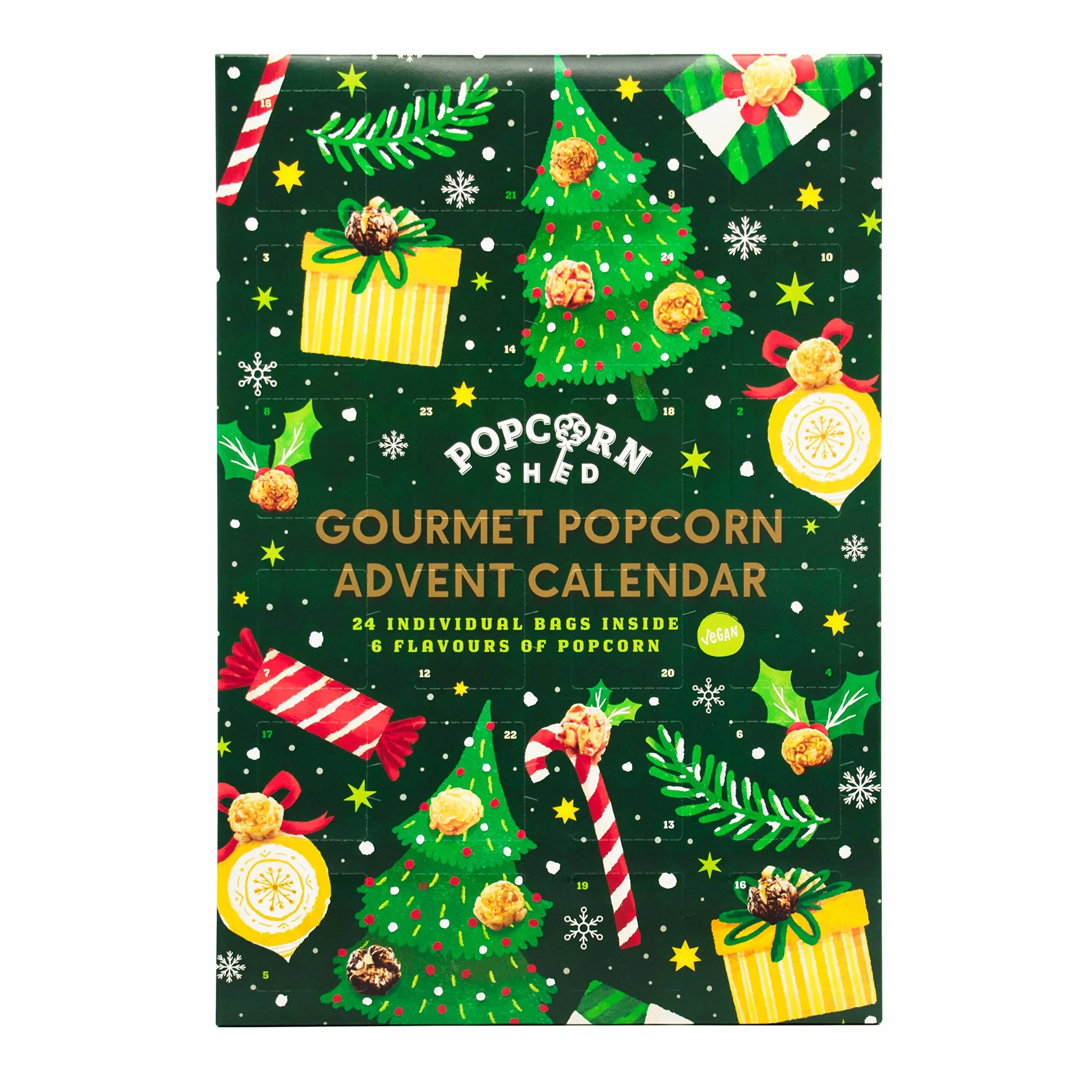 Popcorn Shed Calendario de Adviento Navidad 2025 24 días palomitas 6 sabores gourmet vegano sin gluten