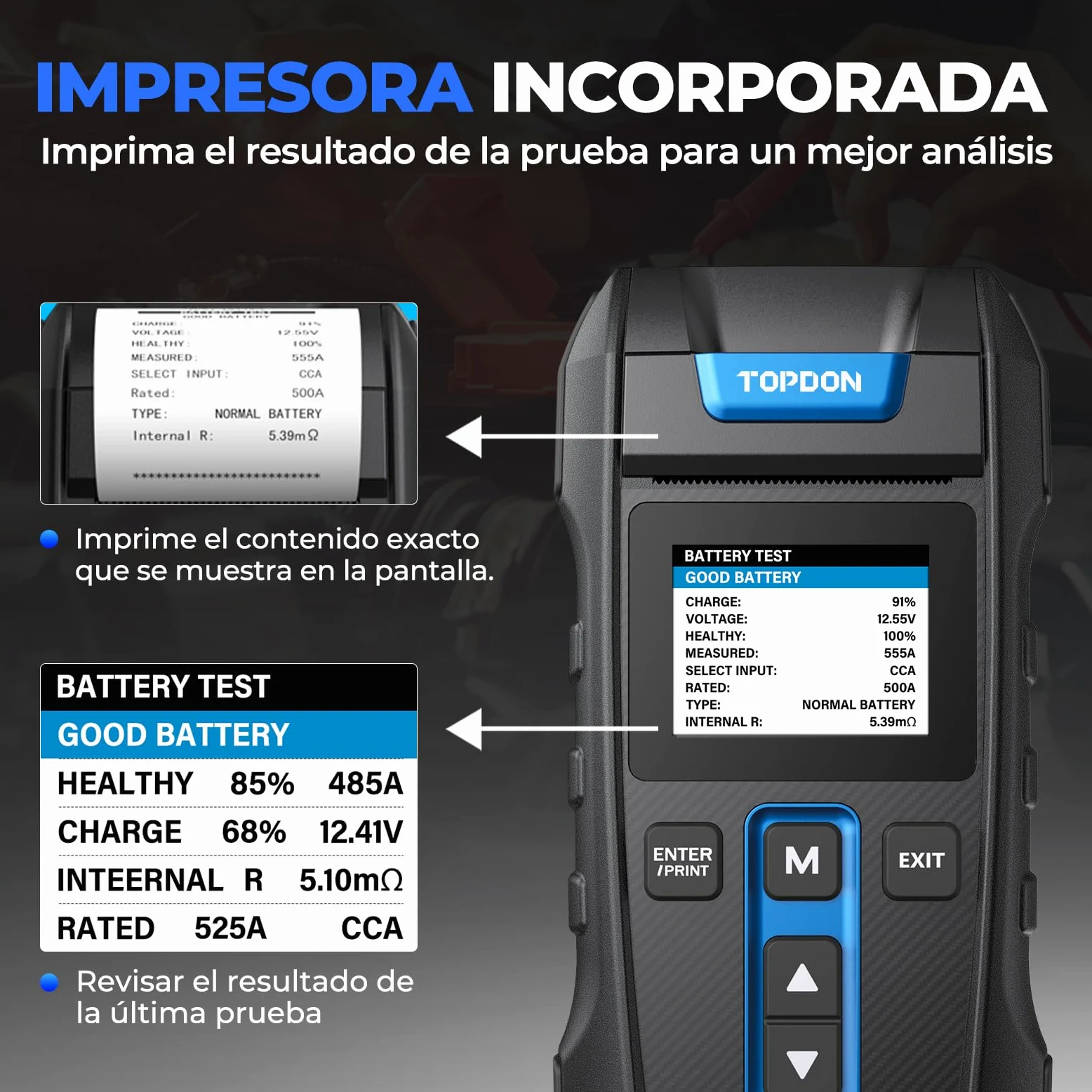 Probador de batería de 12 V/24 V con impresora incorporada Topdon BT300P, 100-2000 CCA - Probador de carga automático para prueba de batería/arranque/carga