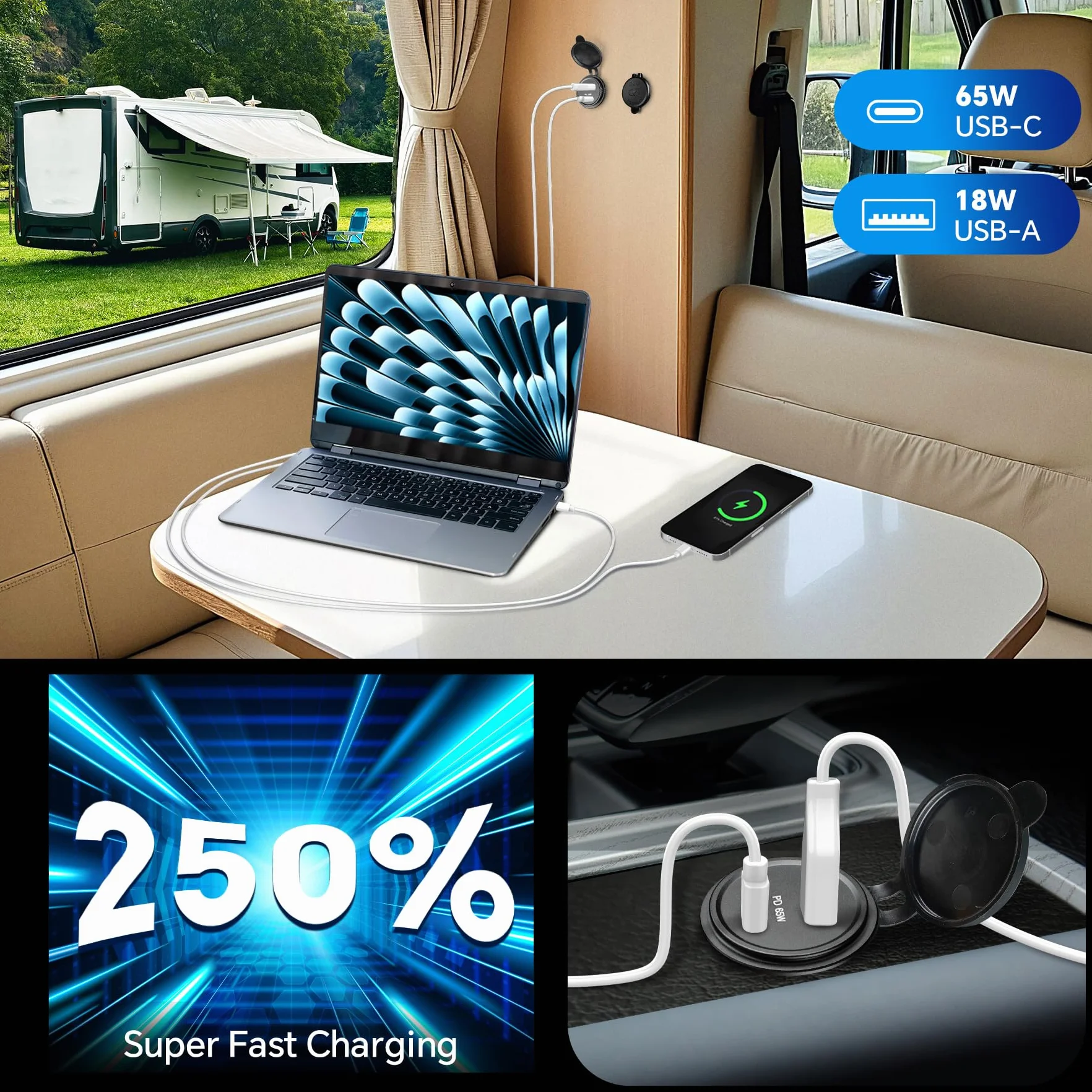 acegoo Toma USB 12V 65W PD3.0 y QC3.0 18W, Camper Aluminio Impermeable Enchufe, Computadoras Portátiles Cargador de Coche, Carga Rápida Empotrable para Autocaravana Barco Marino ATV Golf, 2 Piezas
