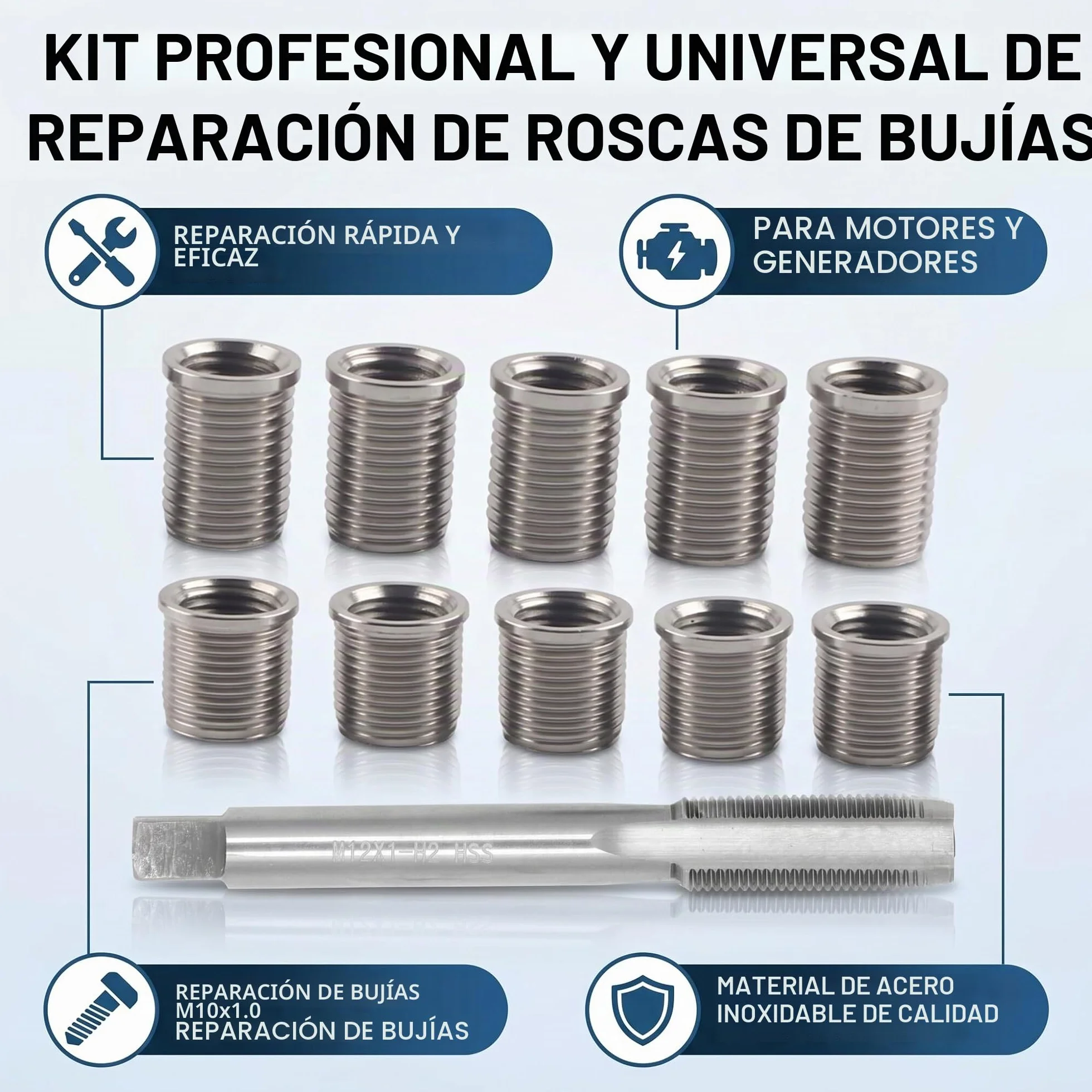 Kit de reparación de roscas de bujía, 10 insertos roscados M10x1.0 y 1 macho roscado M12x1.0, herramientas para grifo de la bujía para la reparación de