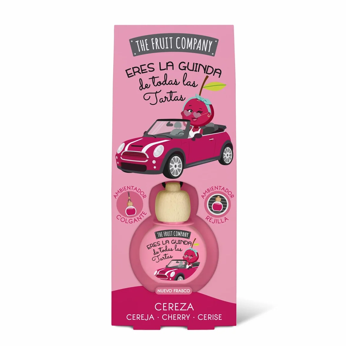 Pack de 3 Ambientadores Coche 2en1 The Fruit Company | Aroma Frutal, Absorbe Olores, Sin Alcohol, Extractos Naturales | Rejilla o Colgante | Larga Duración +45 Días (CEREZA)