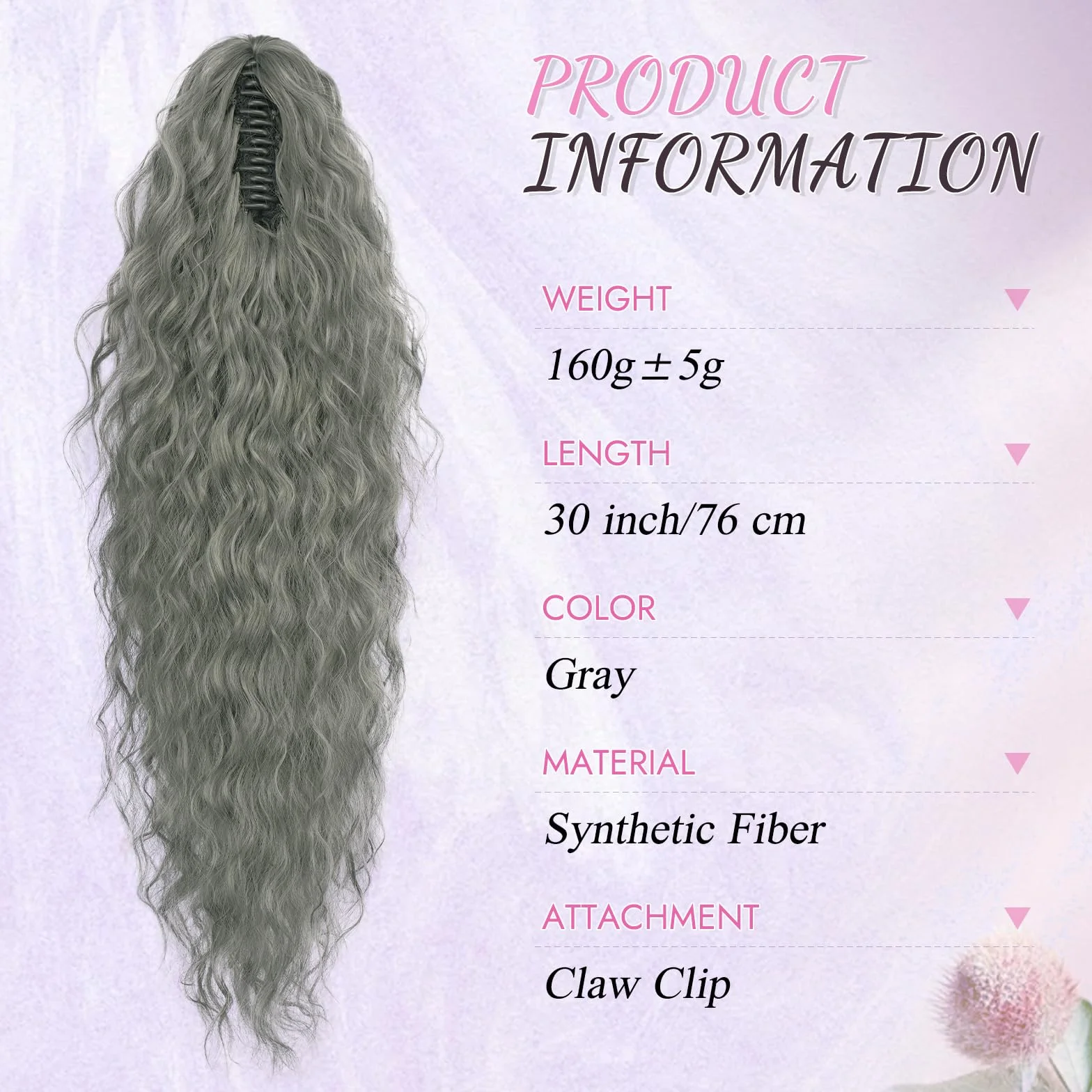 Coleta Postiza Pelo Natural 76 cm Gris con Pinza Rizada Ondulado para Mujeres