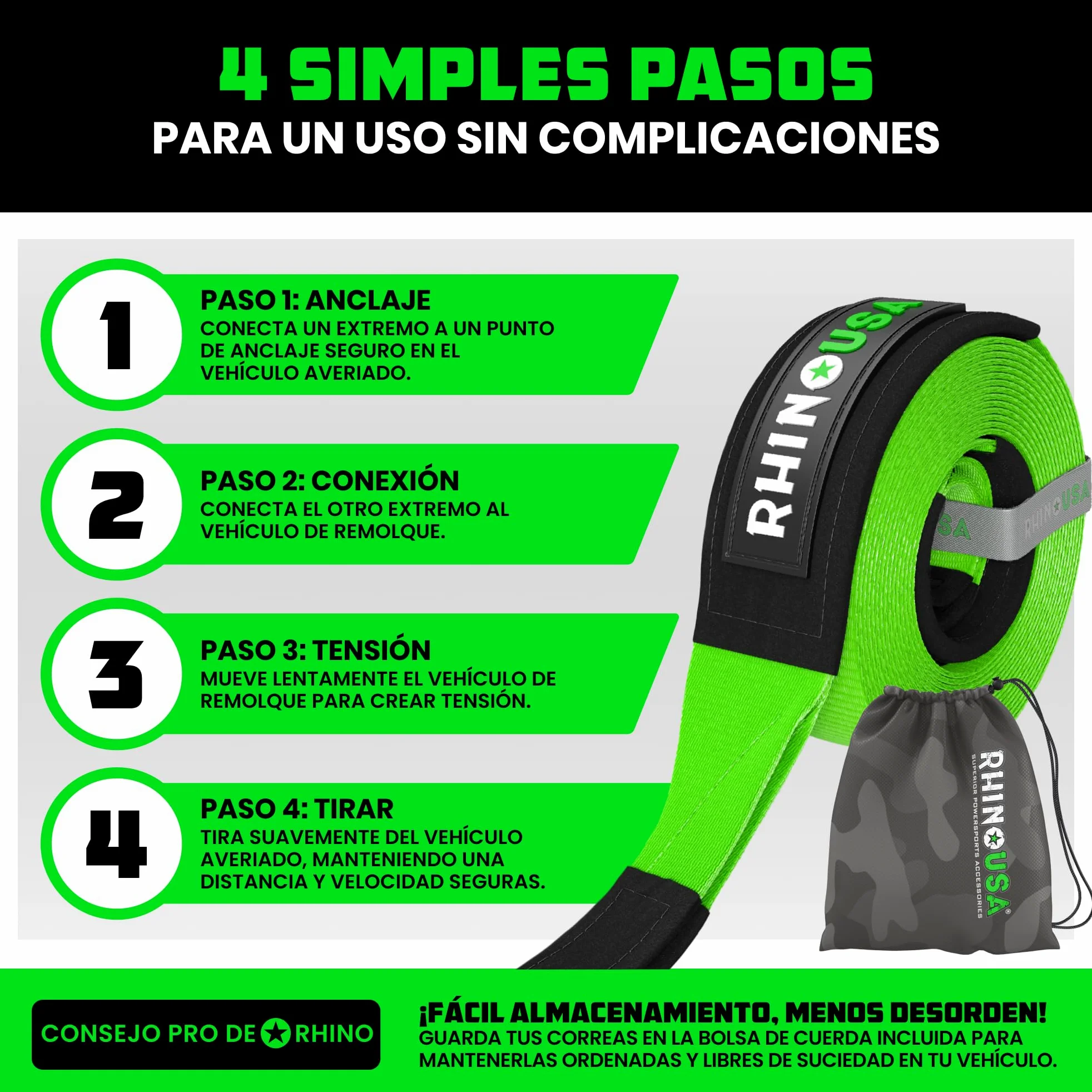 Rhino USA Correa de Remolque 7,6cmx9,1m 13.600kg Cuerda de Recuperación Heavy Duty Verde