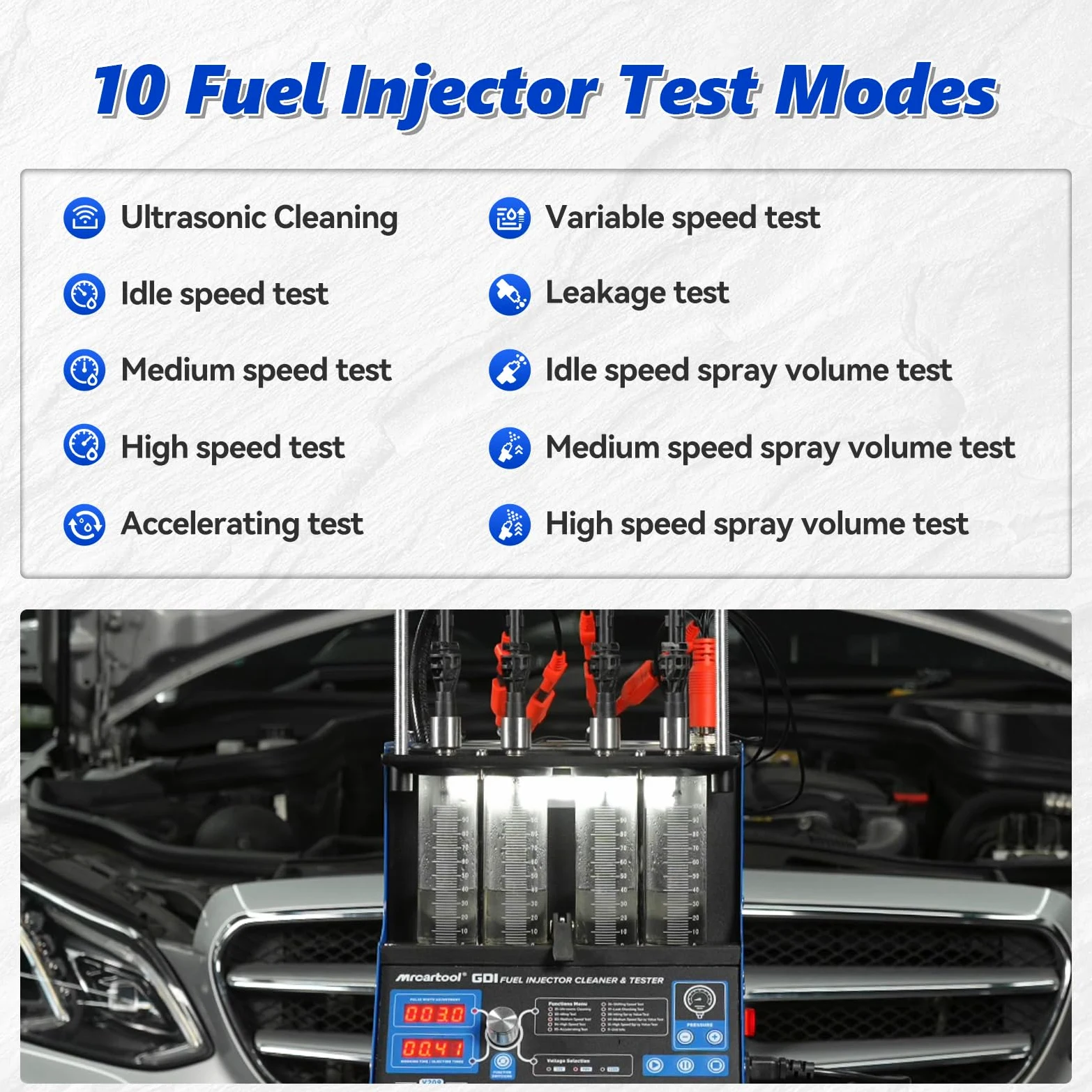 4 Cilindros GDI Probador Máquina de Limpieza con Limpieza Ultrasónica, Ultrasonidos Calefactores Limpiadores y Probador de Inyectores de Combustible con 10 Funciones, Adecuado para Inyectores EFI/FSI