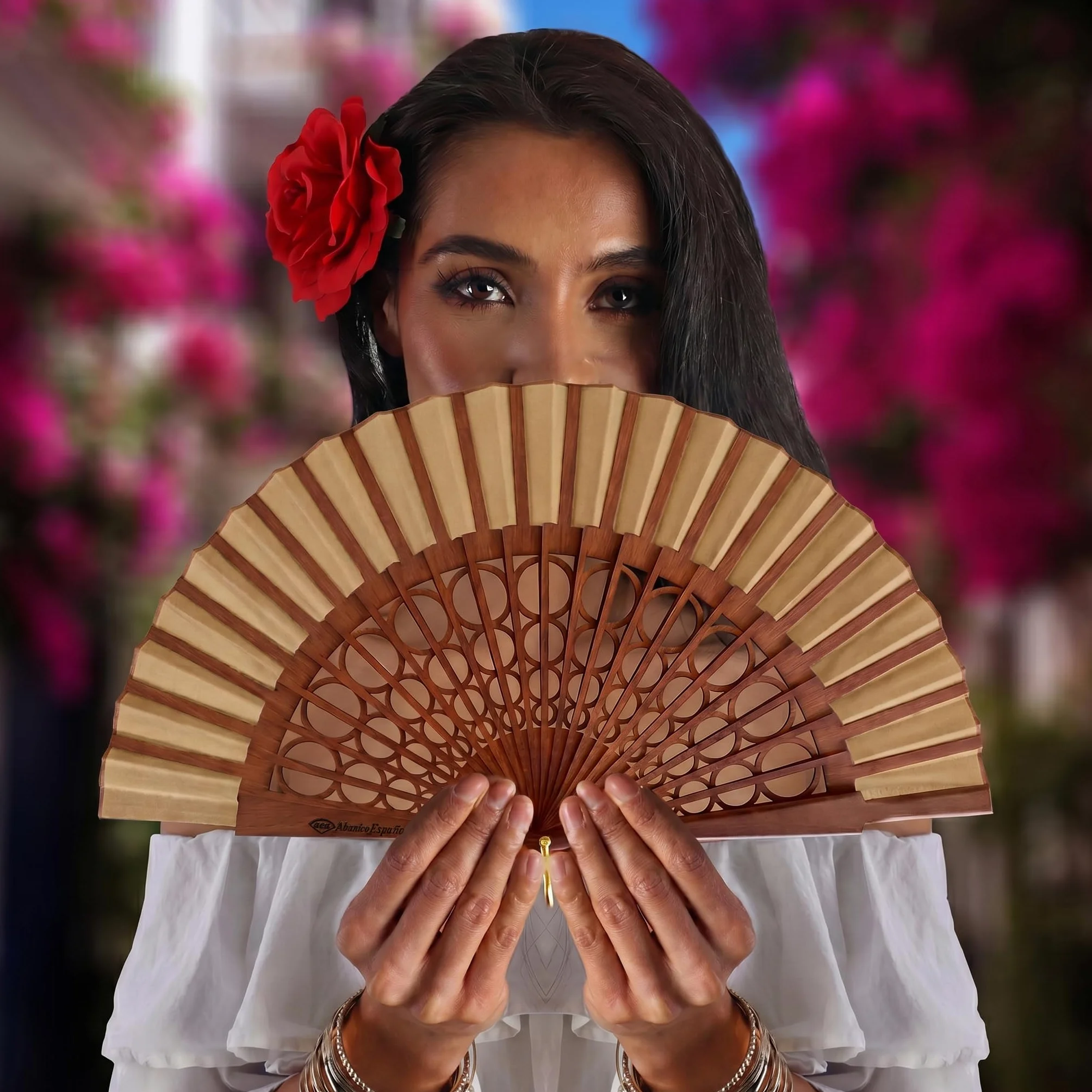 Abanico Español Artesanal 100% Algodón y Madera de Sipo Grande para Mujer Camel Esfera