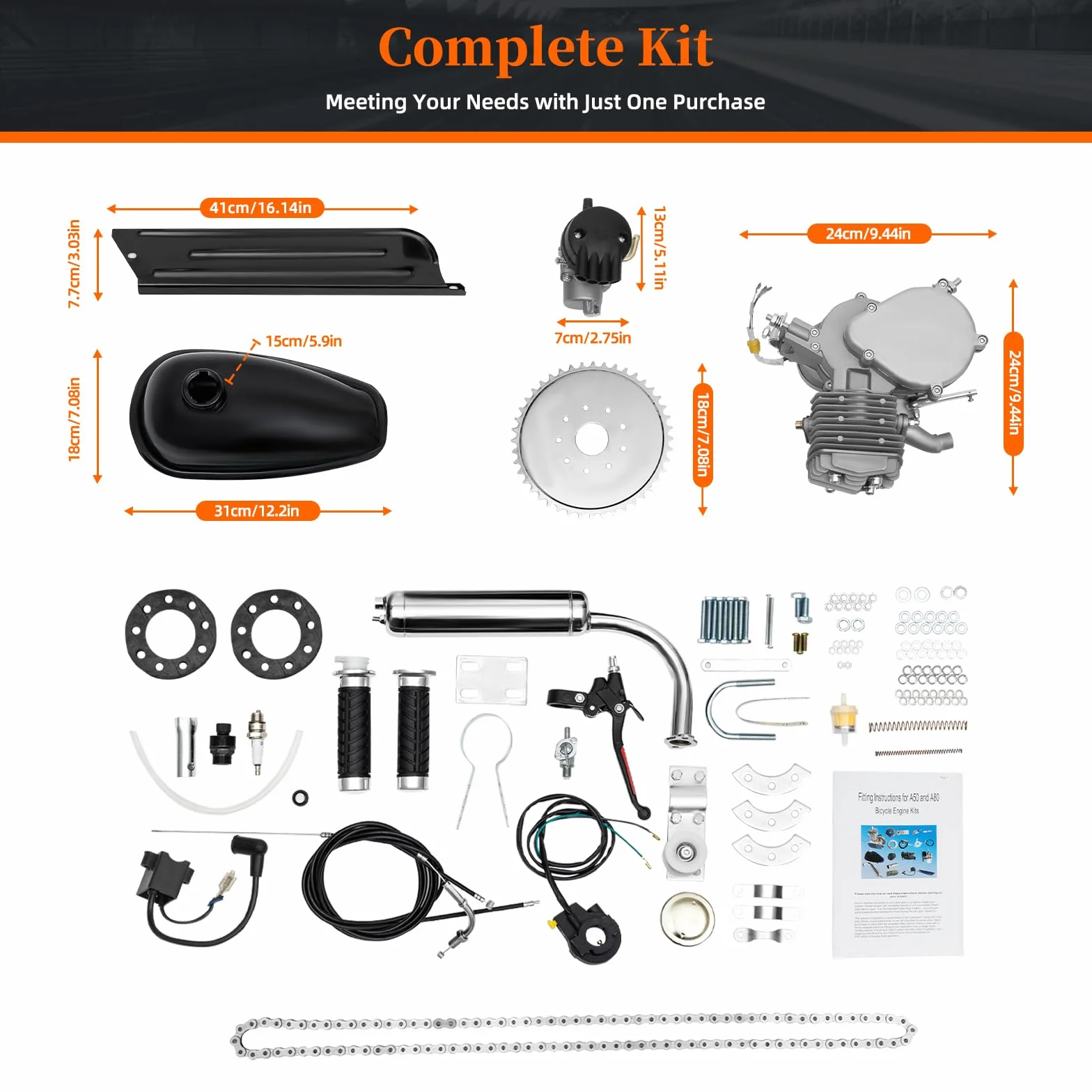 Motor de 2 tiempos 80 CC motorizado, kit de motor de bicicleta de 2,2 kW 6000 rpm para bicicleta de gasolina con marco en V, encendido CDI, piñón