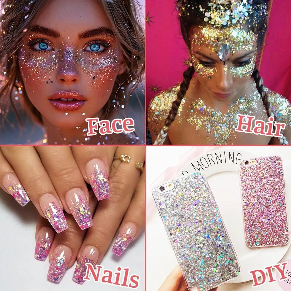Purpurina Cara Gel 18g Festival Gel Purpurina Líquida Corporal Chunky Glitter Carnaval (Azul+Rosa+Plata+Blanco+Oro+Rojo Rosa)