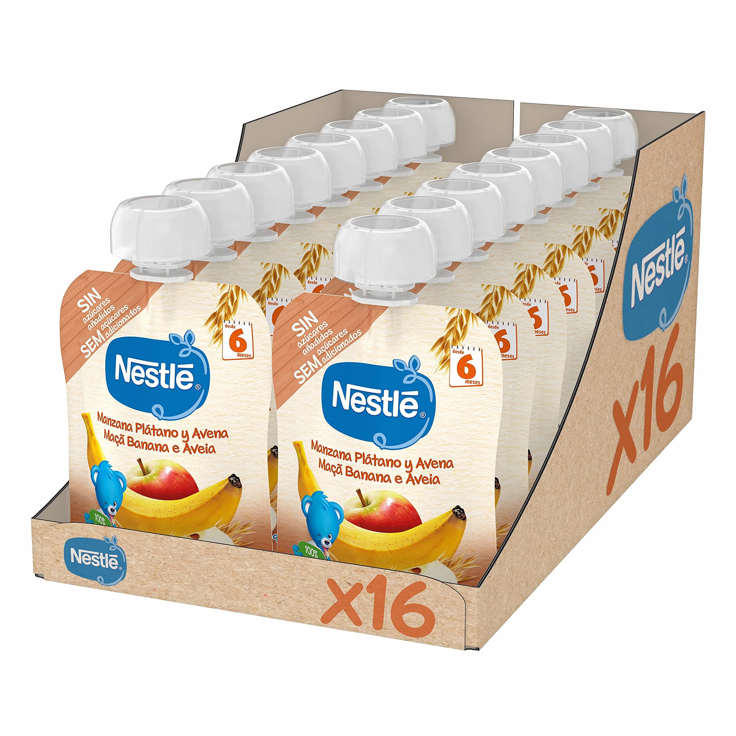 Nestlé Papillas Bolsita de puré de frutas y cereales Manzana Plátano Avena 16x90g