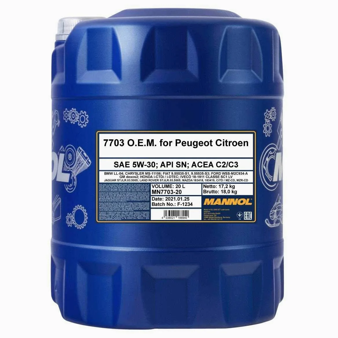 Aceite de motor Mannol 7703 O.E.M. 5W-30 de 20 litros, aceite sintético + grifo de salida