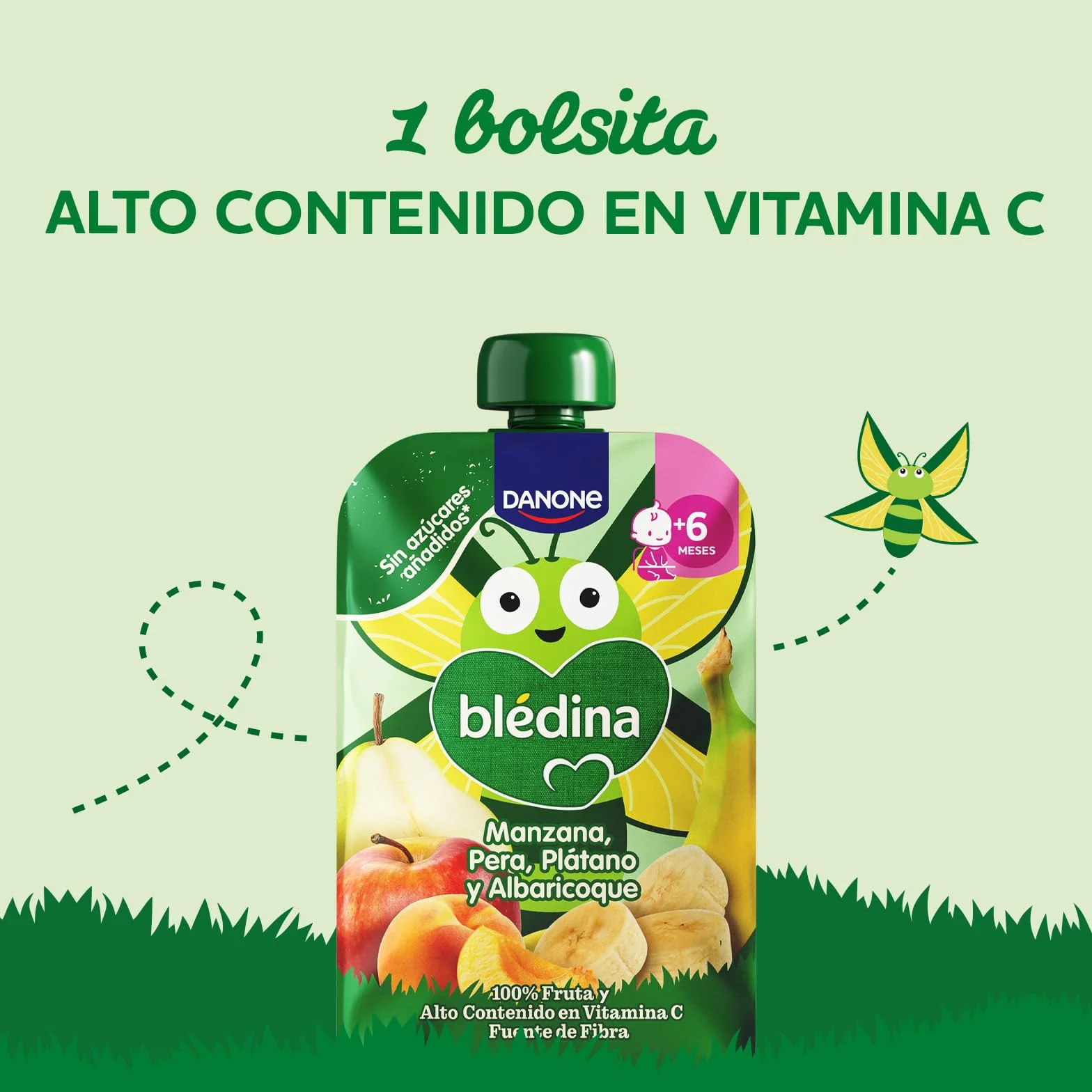 Blédina Bolsita de Manzana, Pera, Platano y Albaricoque para Bebé, 100% Fruta, Sin Azúcares Añadidos, Vitamina C, Fibra, 6 Meses, 100g