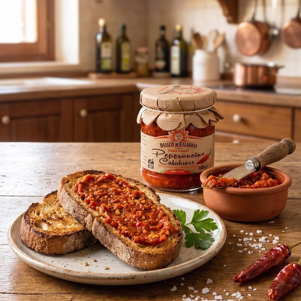 Salsa Picante de Chile Italiana Hecho con Peperoncino de Calabria Delizie di Calabria 180g