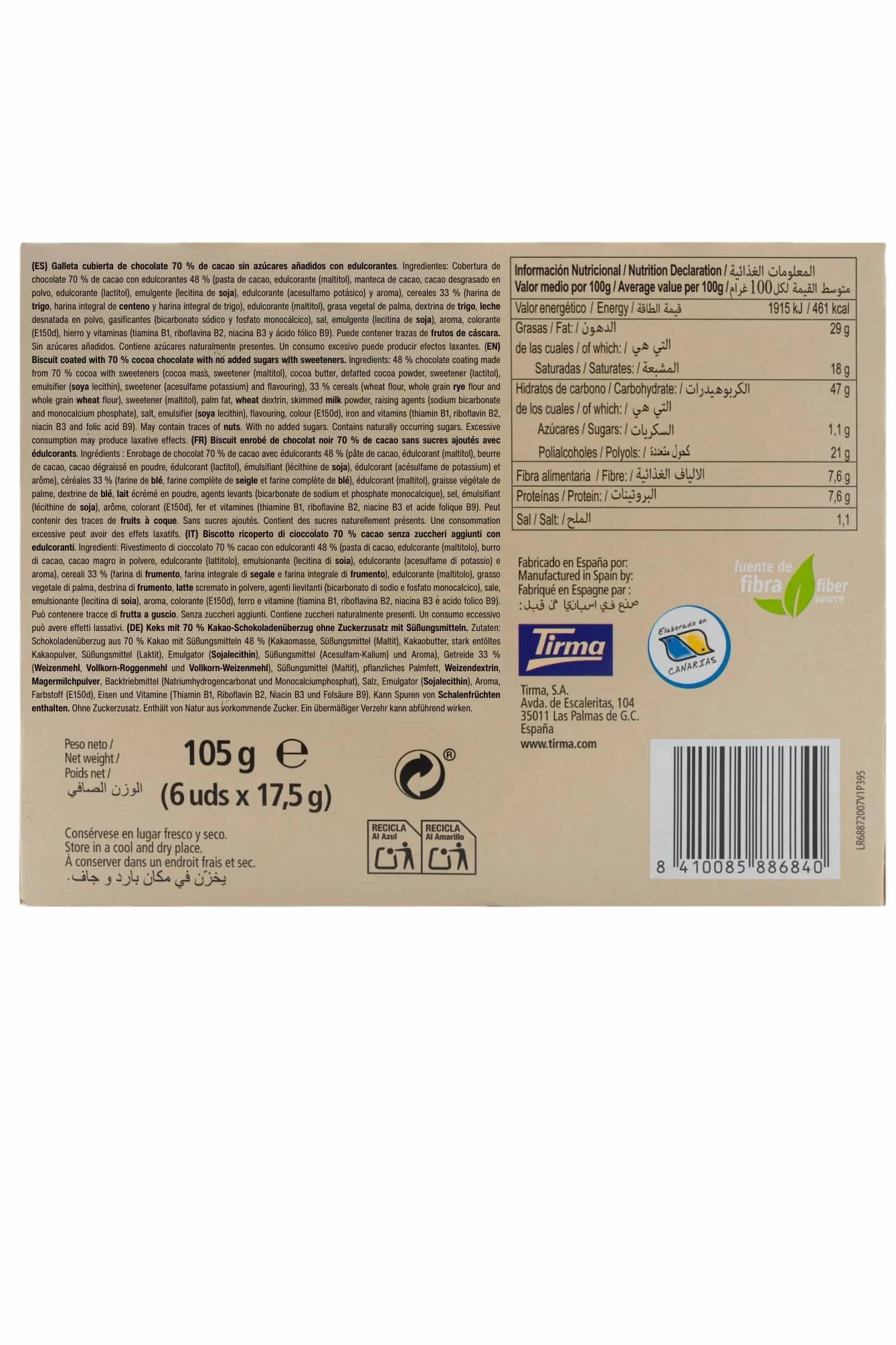 Tirma Snack Be-Zero Galletas Crujientes Cubiertas de Chocolate 70% Cacao Sin Azúcares Añadidos 80 kcal Pack 6 Unidades
