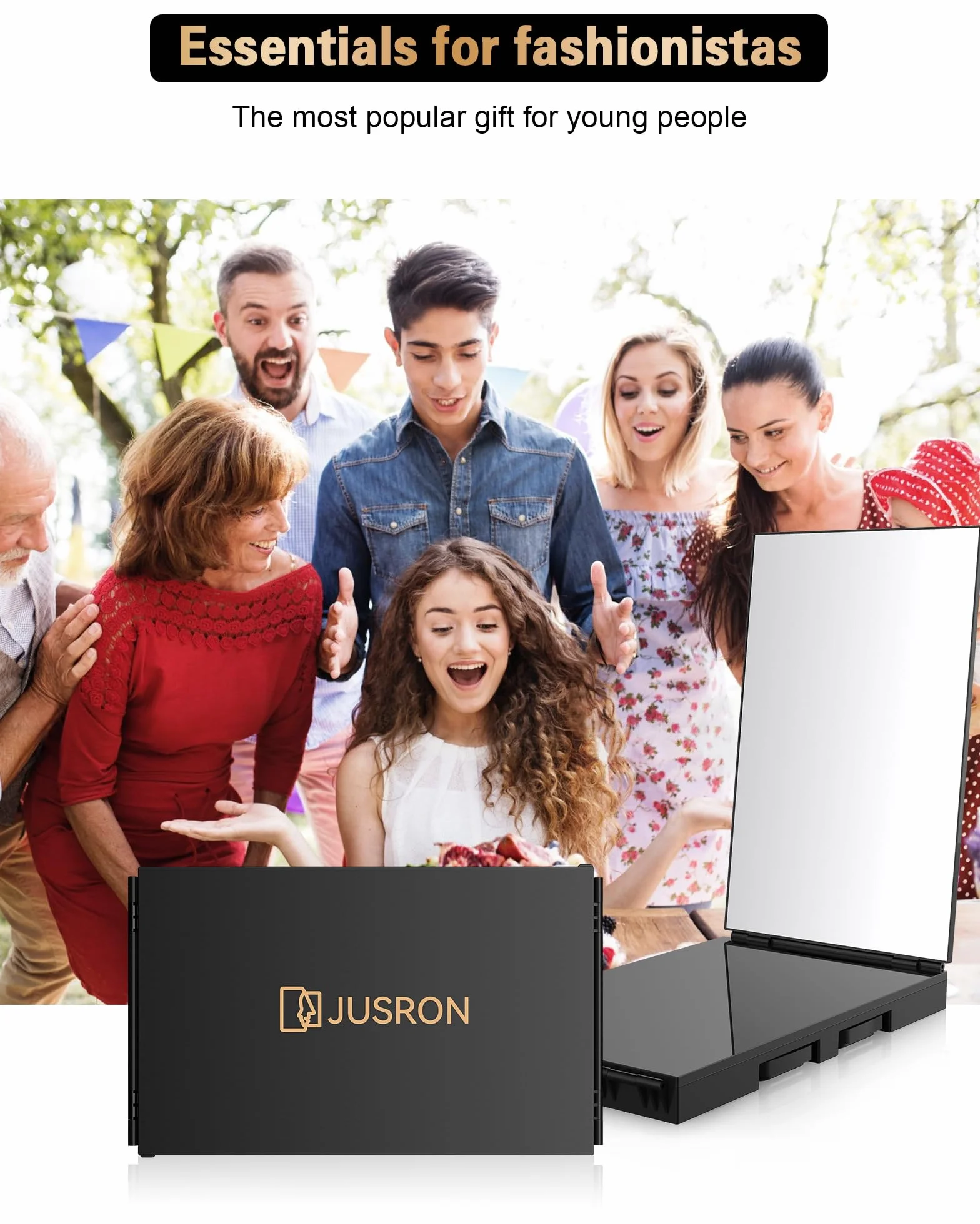 JUSRON Espejo de 3 Vías, Espejo 360º Colgable Portátil, Espejo Maquillaje de 3 Lados Altura Ajustable con Gancho Retráctil