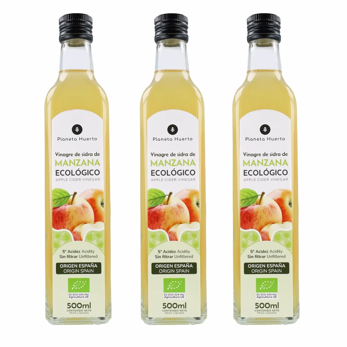 PLANETA HUERTO Pack 3x Vinagre de Sidra de Manzana Sin Filtrar ECO 500 ml