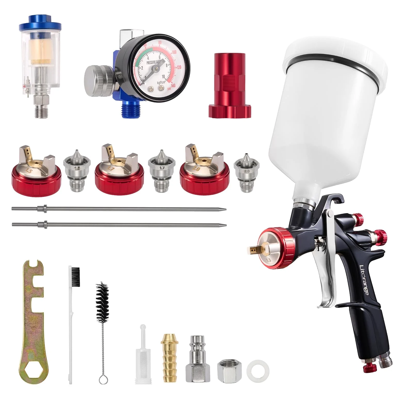 LitOrange R500 LVLP - Kit de pistola de pulverización de aire, pistola de pulverización para automóviles y casa, boquillas de 1,3/1,5/1,7/2,0 mm, con accesorios de pulverización de pintura