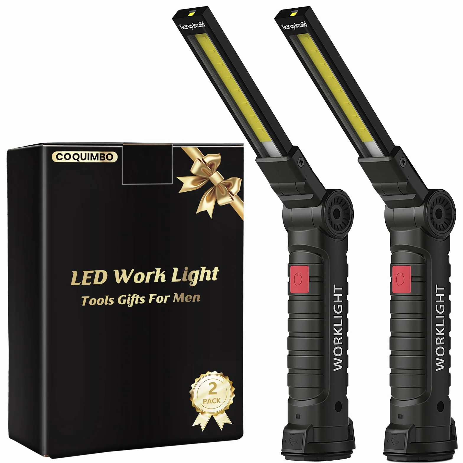 Coquimbo Regalo Hombre Linterna Taller LED Recargable, Linterna Portátil de Trabajo Lámpara de Inspección con Magnética Base y Gancho para Taller Cámping Emergencia(2 Piezas, Negro)