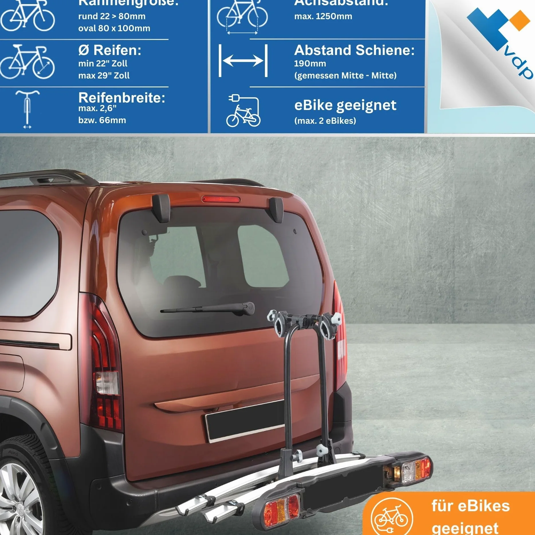 VDP Portabicicletas E-Bike para 2 Bicicletas - Carga de 60 kg - Testado por TÜV