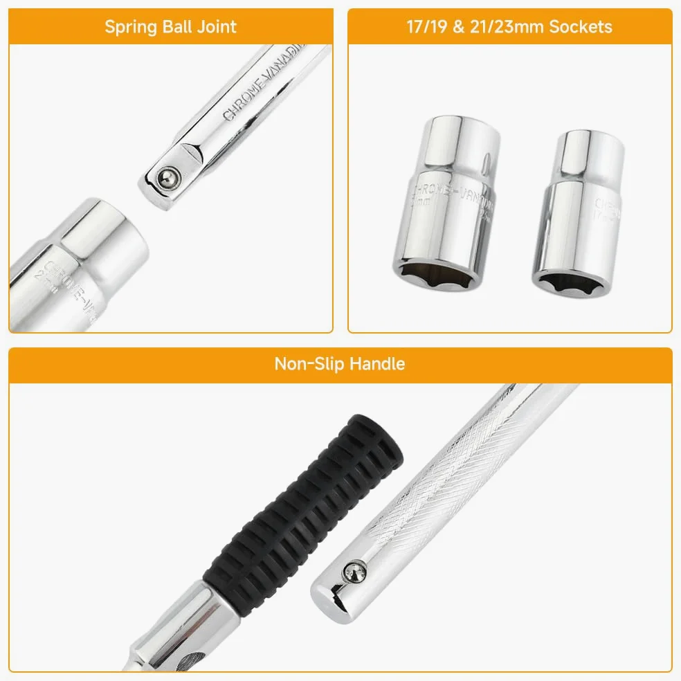 Hoteche Llave combinada para tuercas de rueda, llave cruzada – Varilla CRV, acero al cromo vanadio, 17 x 19 y 21 x 23 tuercas, incluye bolsa de tela Oxford 600D, herramienta profesional de cruz para