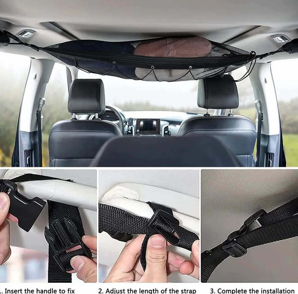 Red Techo Furgoneta Camper,90cmx65cm Organizador Bolsa de Red de Carga con Cremallera, Red Elastica con 2 Ganchos Ajustables, Almacenamiento de Viaje Largo para Jeep Van SUV