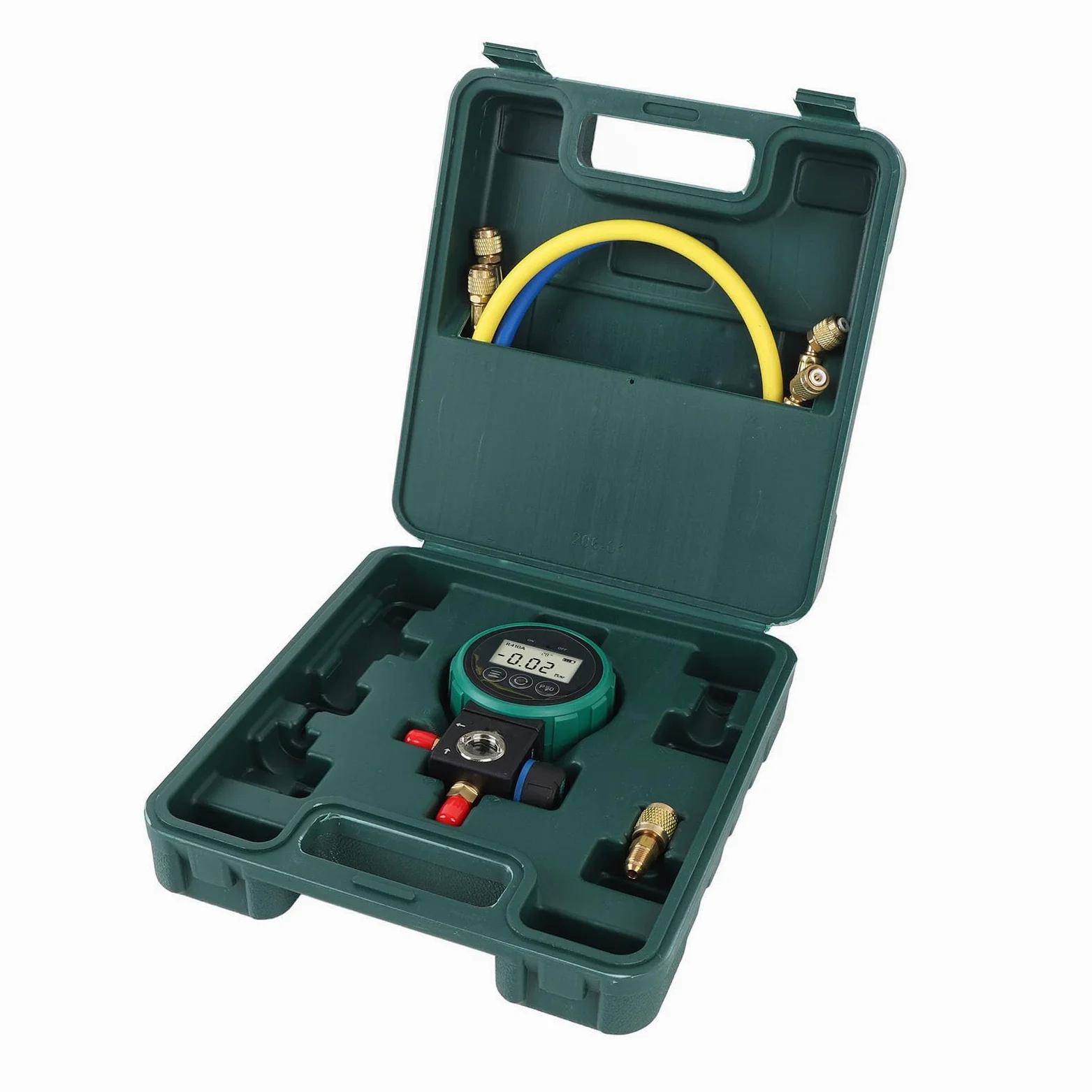 Greensen Manómetro de Presión de Refrigerante Juego de Manómetro de Colector de CA Digital de 0 a 5 MPa con Válvula de Bola 4 Unidades de Presión 9 Refrigerantes para Aire Acondicionado Recarga