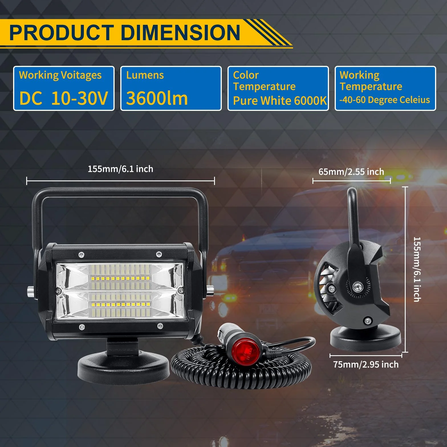 RIGIDON 72W 5" LED Work Light Bar Magnetic Base 12V 24V Flood Light for Car Truck Off-Road