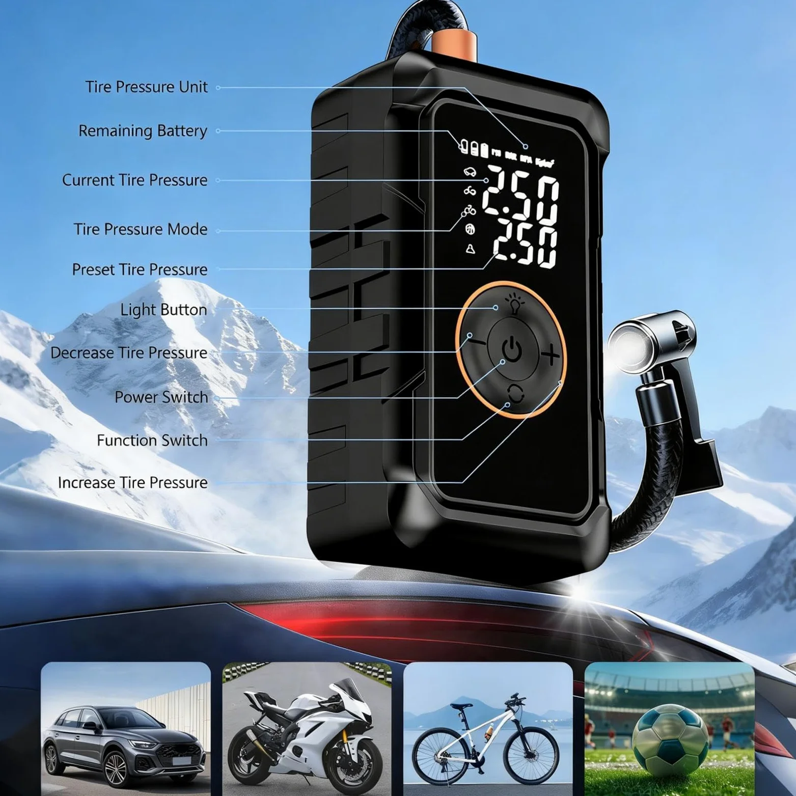 Bomba de aire portátil Compresor De Aire Inalámbrico Con Manómetro Digital | Inflador de neumáticos para bicicleta y coche para SUV camión remolque ATV patinete anillos hinchables y piscinas