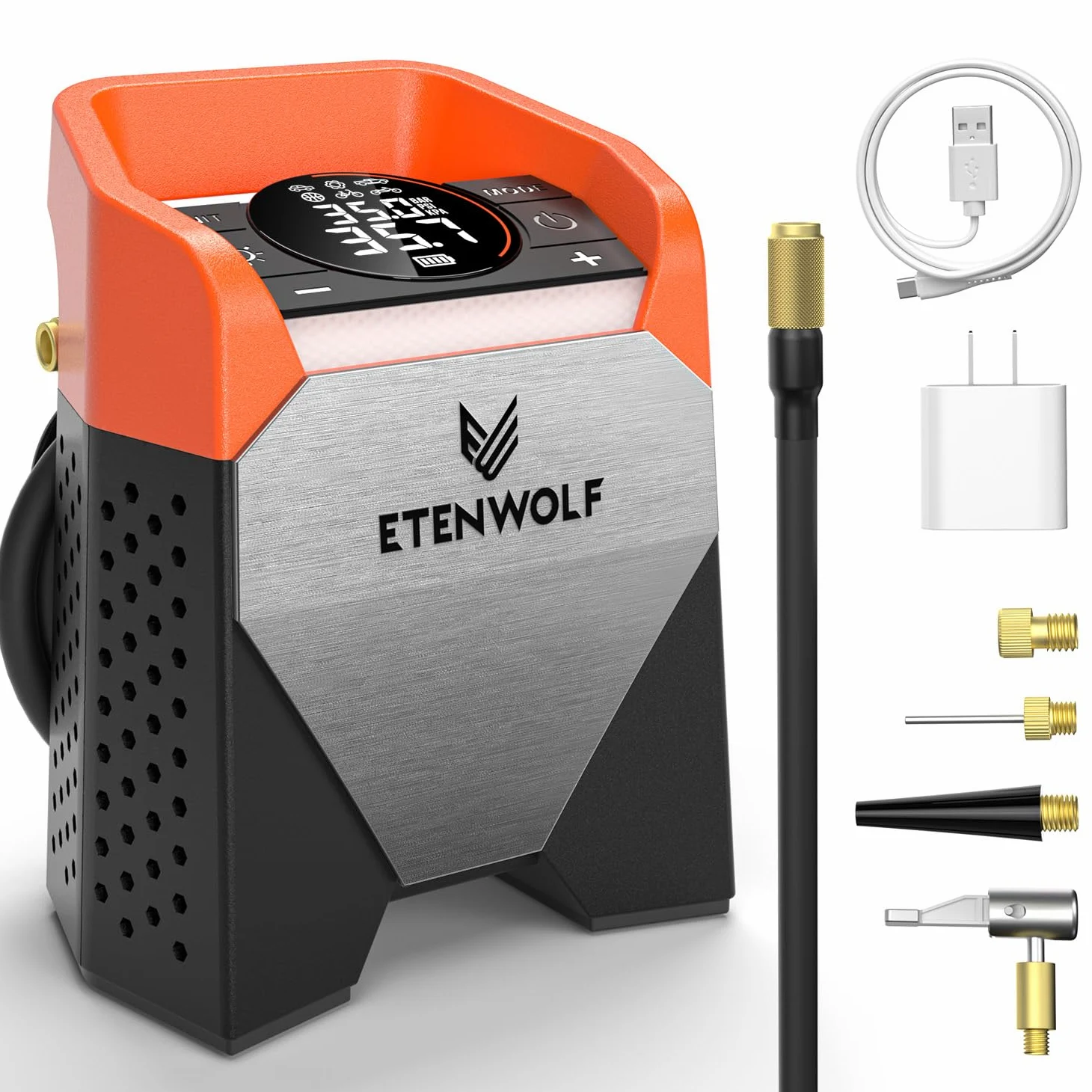 ETENWOLF Zephyr S5 - Compresor de aire portátil para inflador de neumáticos de alta resistencia, bomba de aire inalámbrica de 160 PSI y 15600 mAh con luz LED para neumáticos de coche, bicicleta