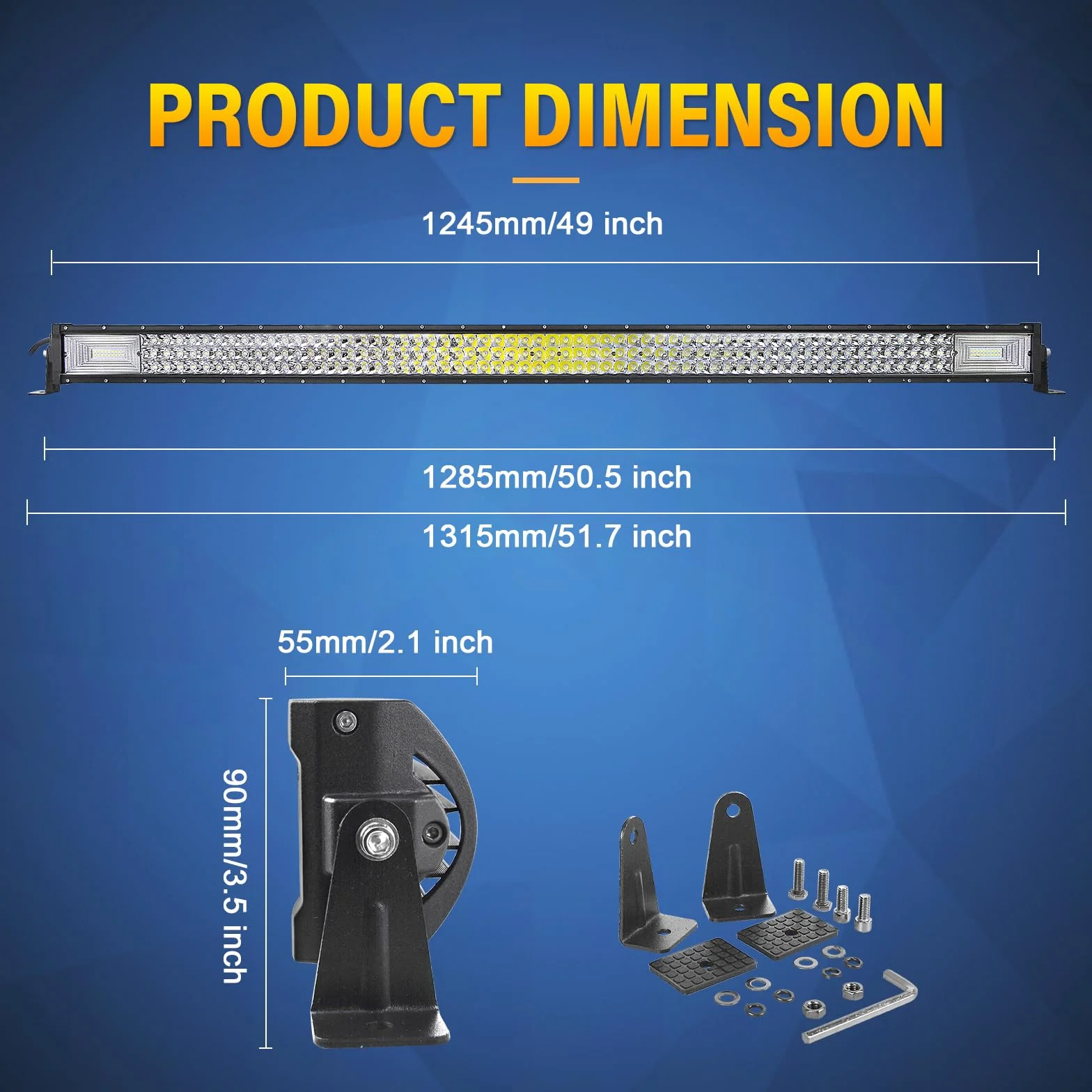 PICAA 50 Pulgadas 648W+Soporte Magnético+Cableado Kit, 127cm Tri-Fila Luz de Trabajo LED 12V 24V 6000K Blanco Foco Led Coche Camión Todoterreno Barras Luminosas Led