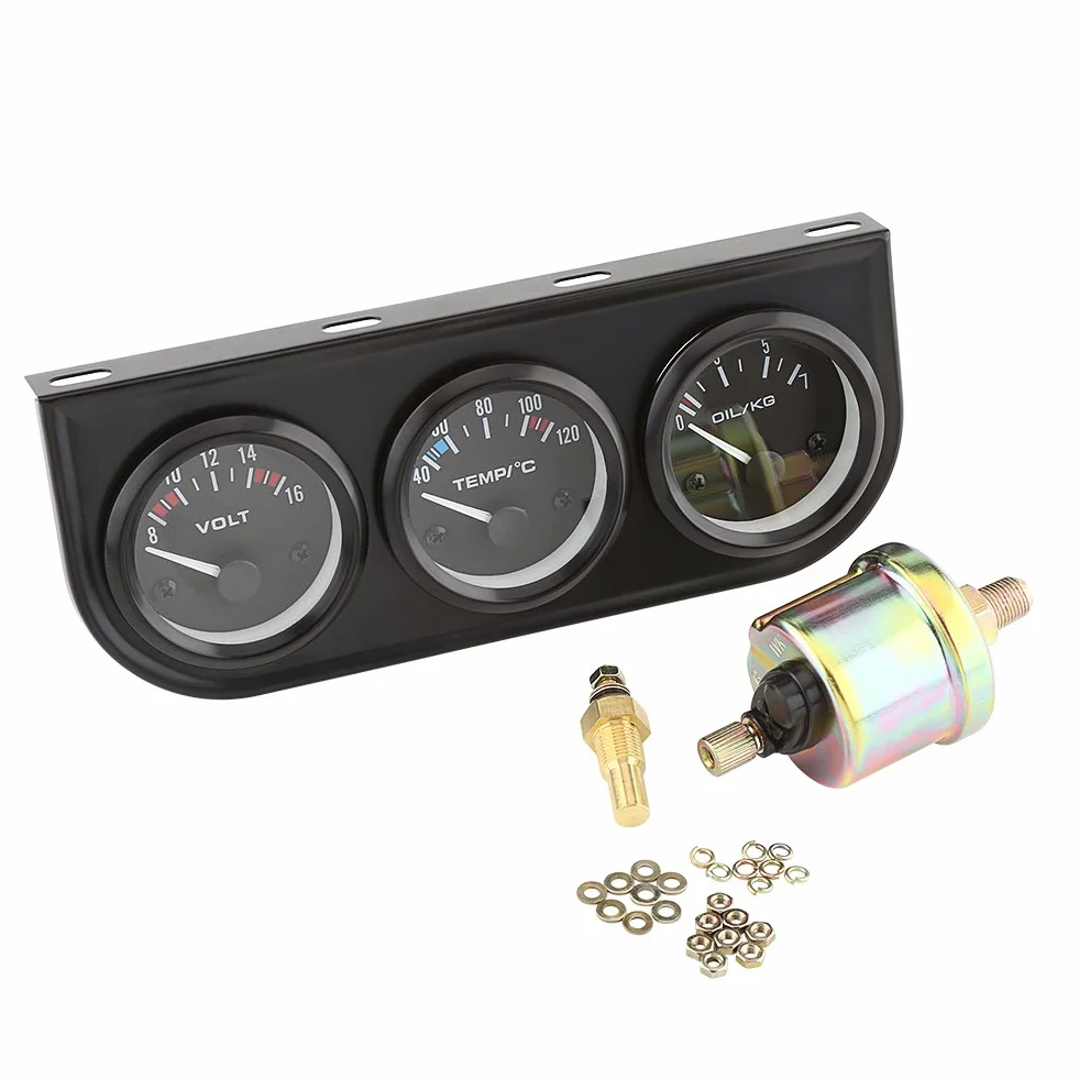 Qiilu 52mm 3 en 1 Voltímetro Sensor Temperatura Agua Presión Aceite Coche Camión